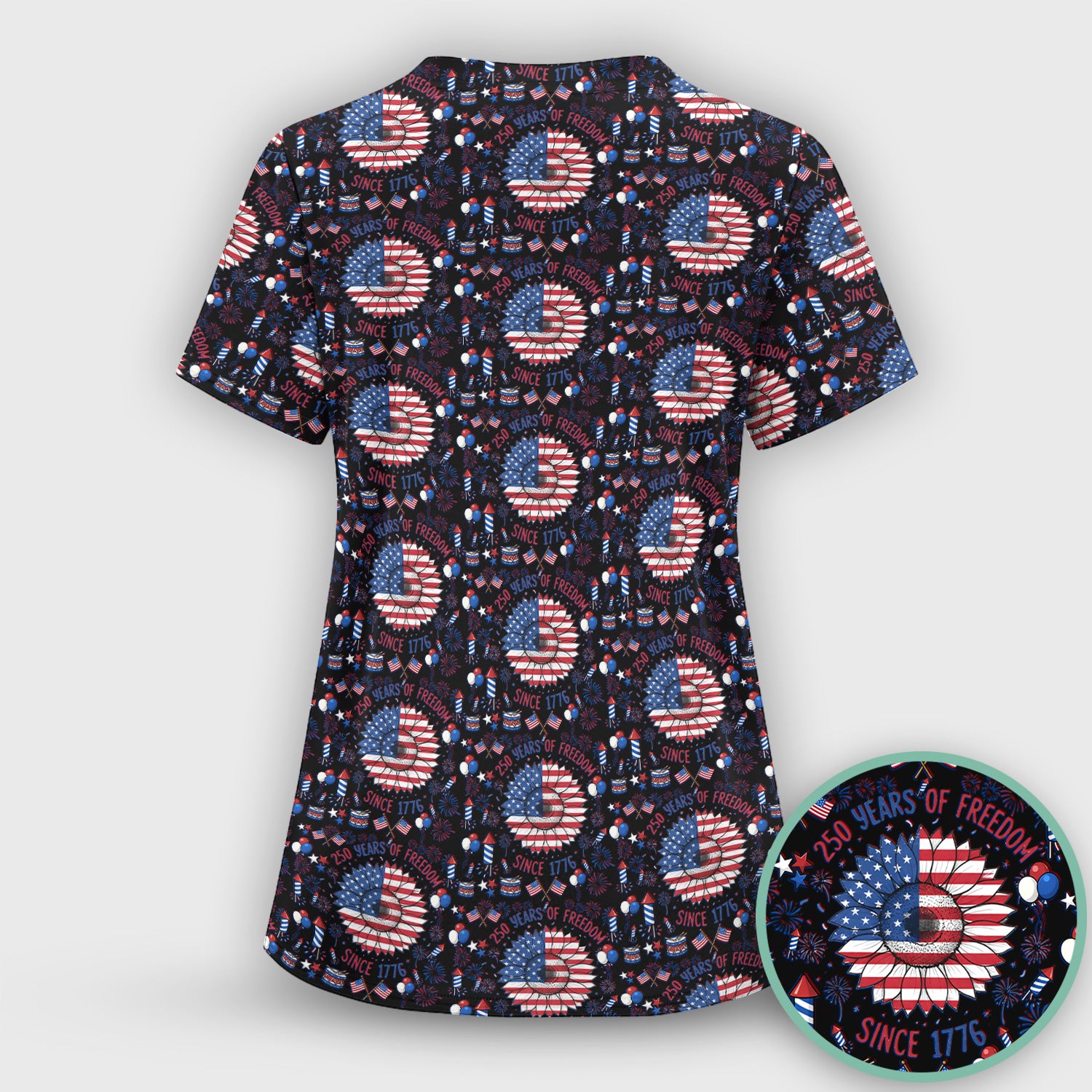 Festive Patriotic Sunflower American Flag Fireworks Pattern Scrub Set, Breathable Med Uniform