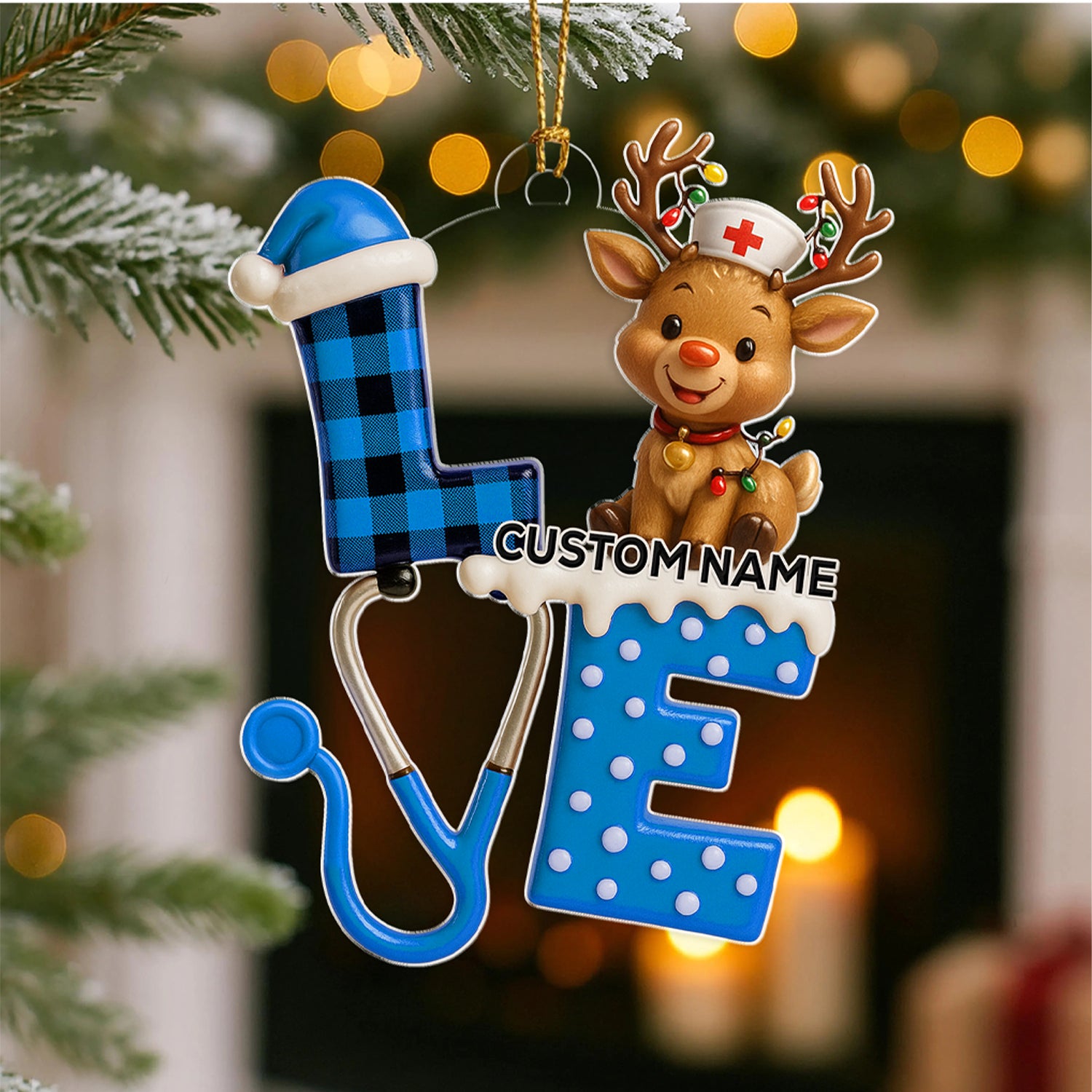 Personalized Nurse Reindeer LOVE Ornament, Custom Name Medical Christmas Tree Decor, Cute RN/LPN Holiday Gift for Healthcare Workers