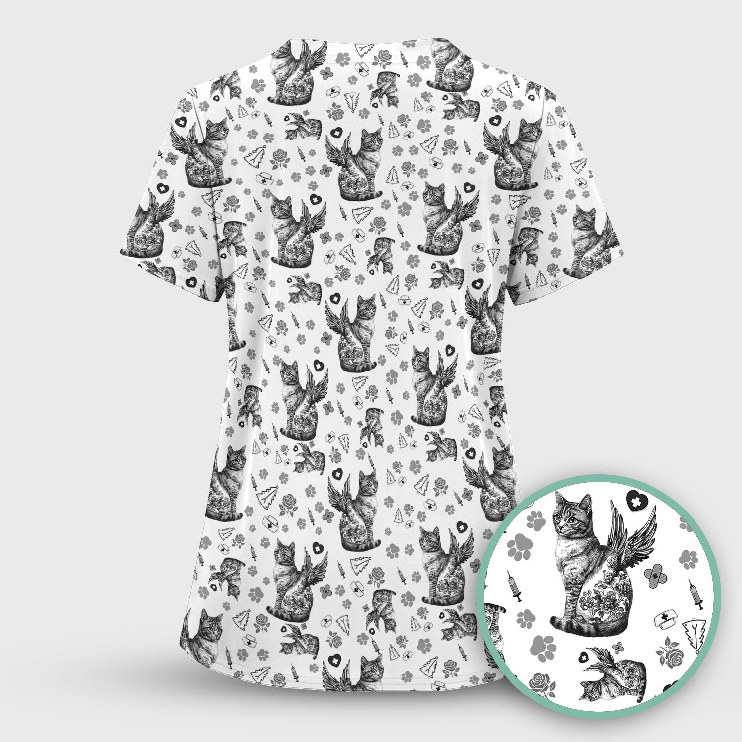 Toile de Jouy Cat Angel Scrub Top - Blue Vintage Nurse Shirt - French Style Medical Uniform for Women RN LPN CNA Gift