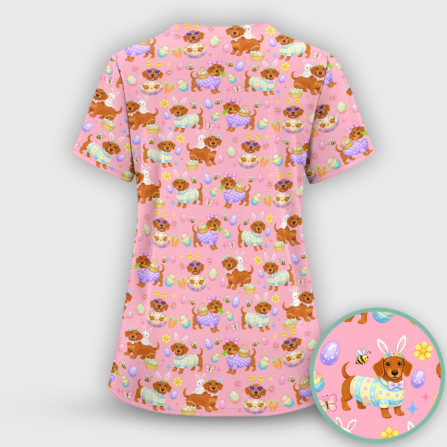 Cute Easter Dachshund Dog Pattern Scrub Top, Breathable Healthcare Uniform Top