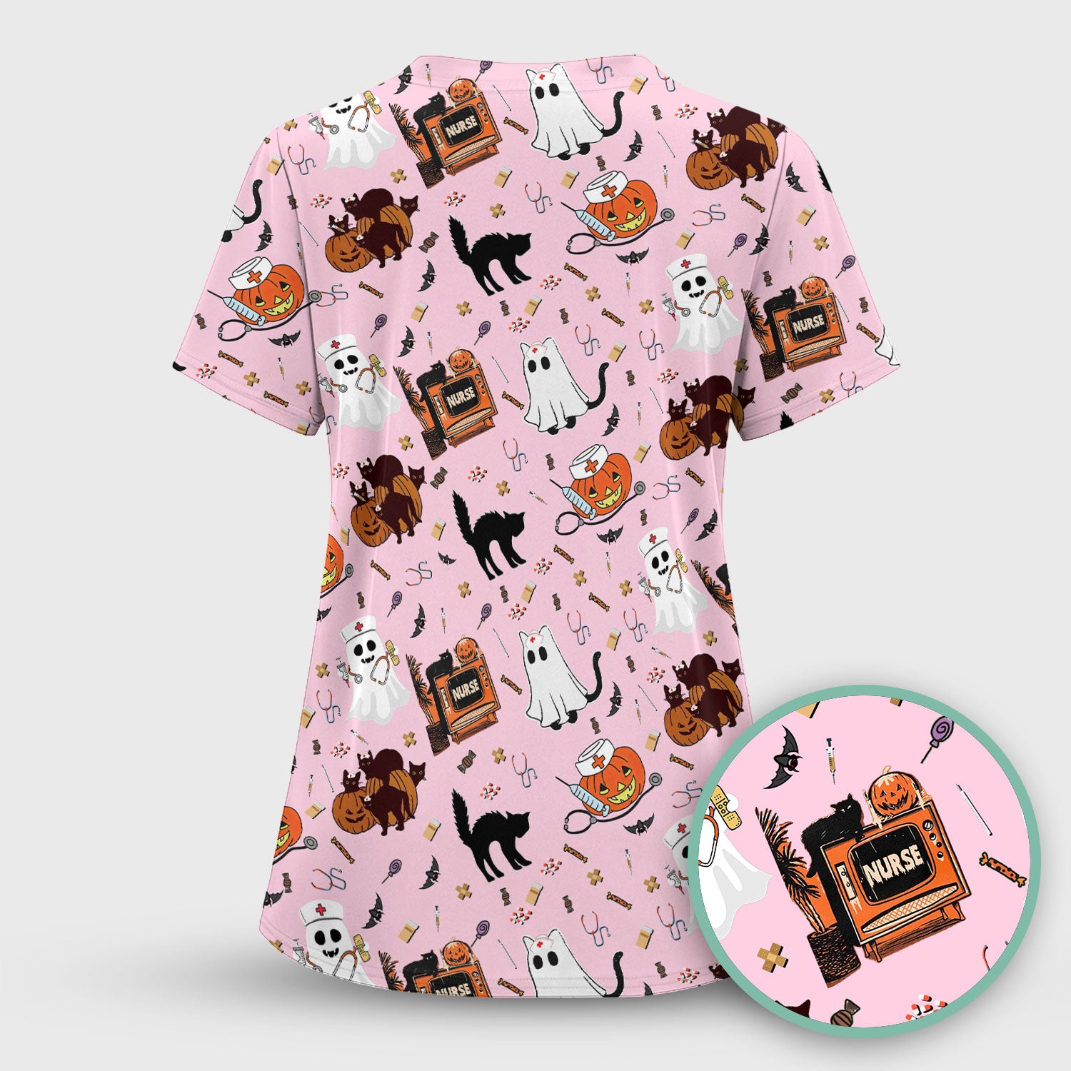 Halloween Scrub Top for Nurse - Cute Pumpkin Ghost Cat Medical Shirt - Spooky Scrubs for Women RN CNA LPN
