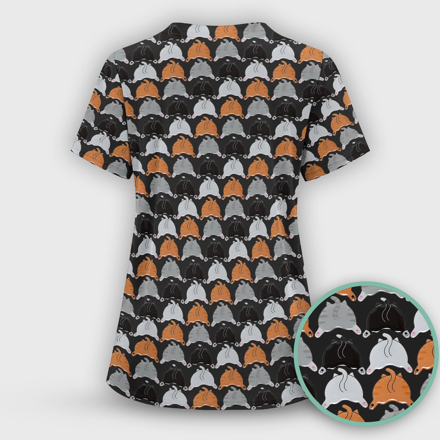 Playful Multicolor Cat Print Scrub Top, Breathable Fabrics Nursing Uniform