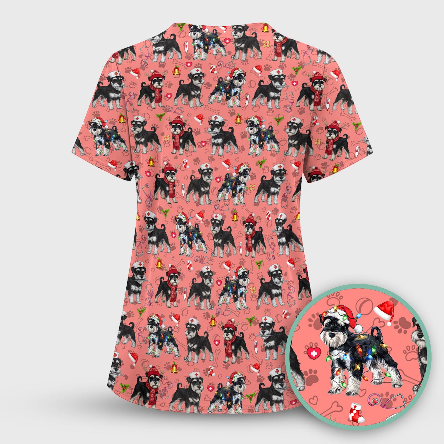 Christmas Schnauzer Scrubs for Nurses - Cute Dog Holiday Scrub Top - Funny Santa Nursing Medical Shirt for Women