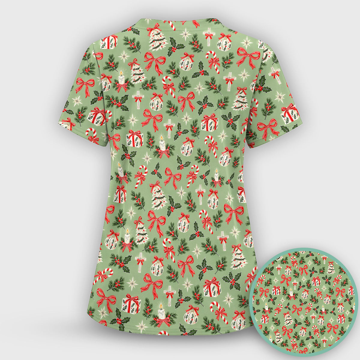 Christian Christmas Bows And Holly Scrub Top, Comfortable Scrubs for Nurses