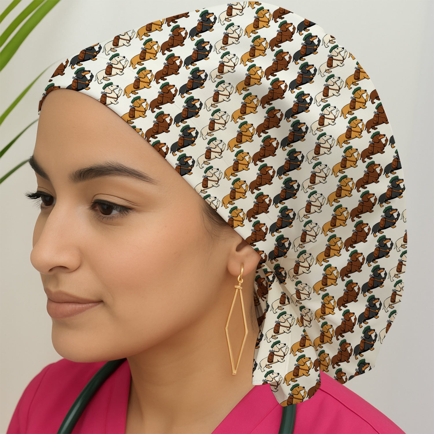 Cartoon Dachshund Dog Wearing Hat And Backpack Pattern Scrub Cap, Surgical Caps for Doctors