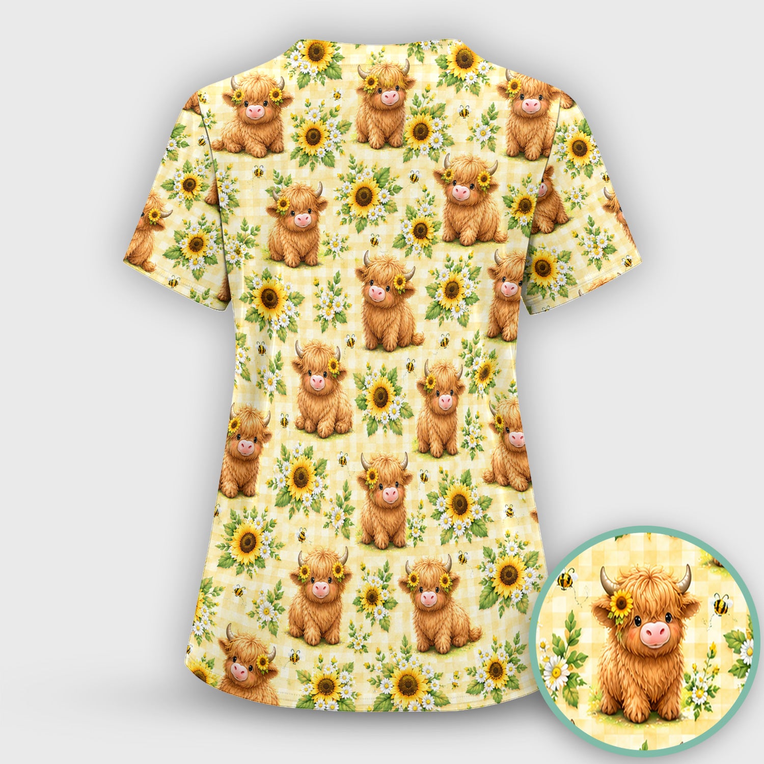 Sunflower Highland Cow And Bee Pattern Scrub Top, Comfortable Scrubs for Nurses