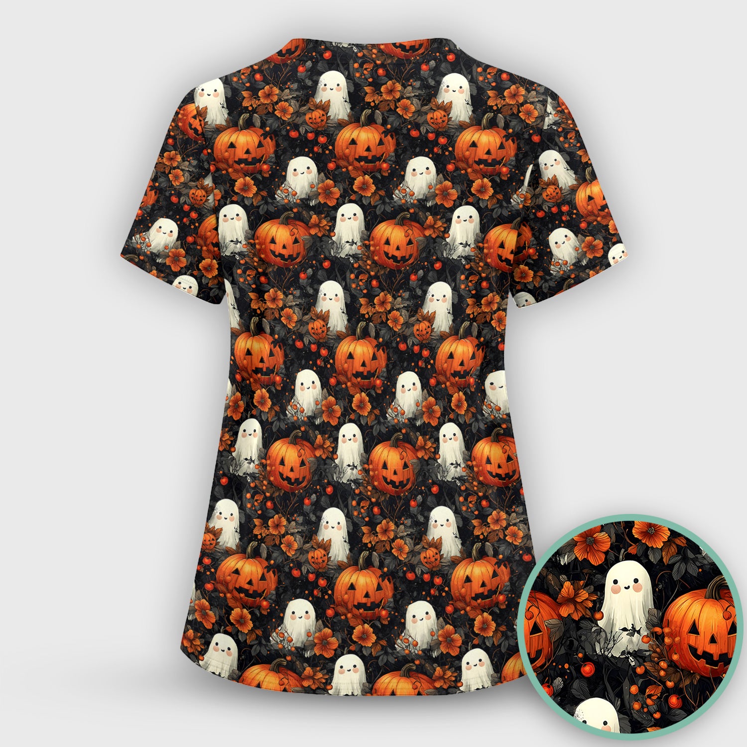 Spooky Halloween Ghost And Pumpkin Pattern Scrub Top, Comfortable Scrubs for Nurses