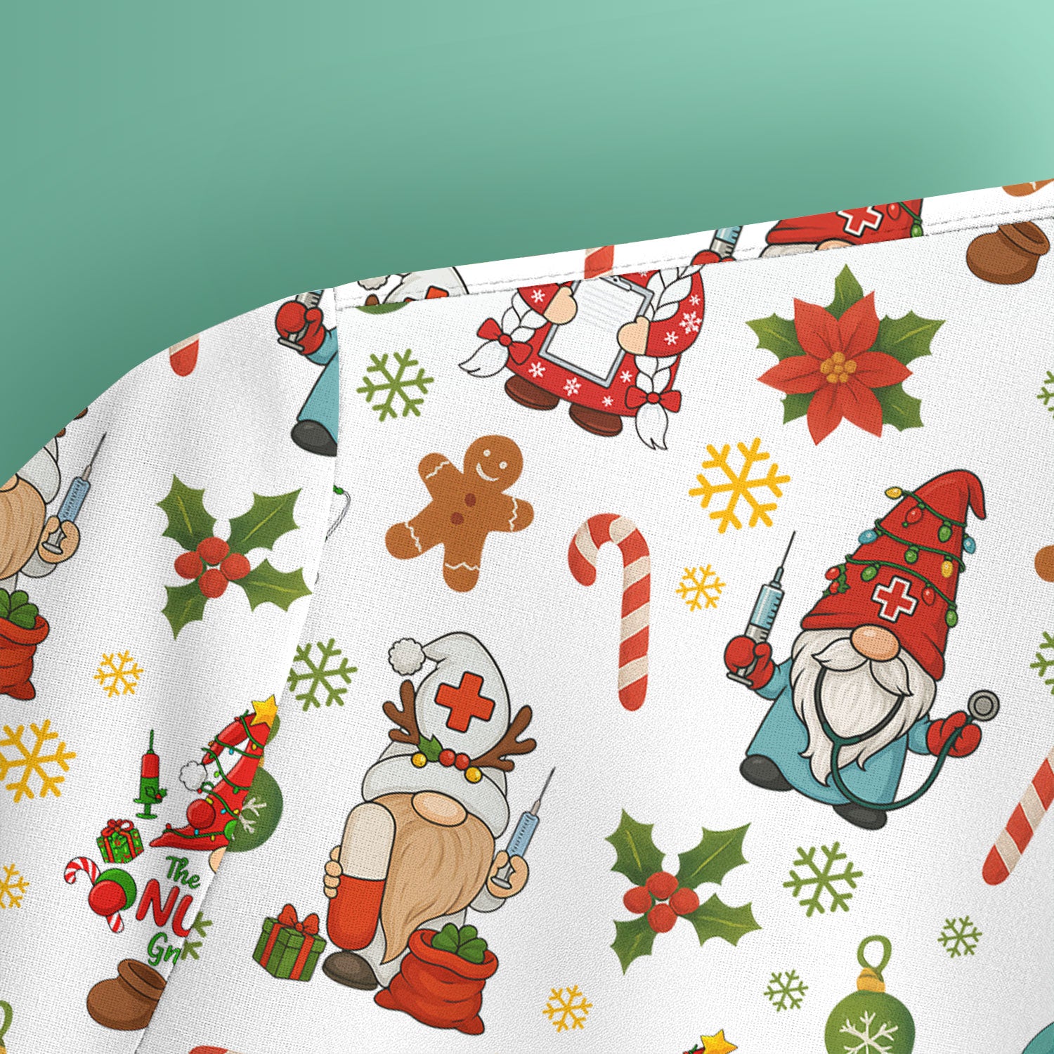 Christmas Gnome Nurse Scrub Top - Cute Holiday Santa Reindeer Print Scrubs - Funny Xmas Medical Scrub Shirt Gift for Women, CNA, RN, Doctor
