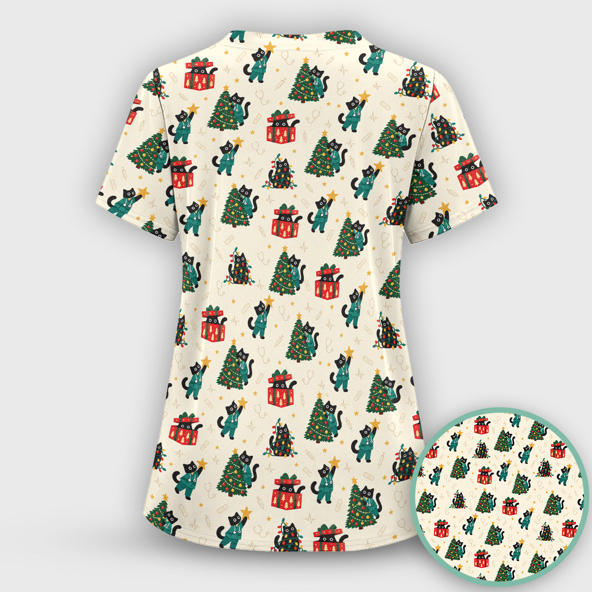 Christmas Black Nurse Cats And Trees Scrub Set, Scrub Pants and V Neck Top