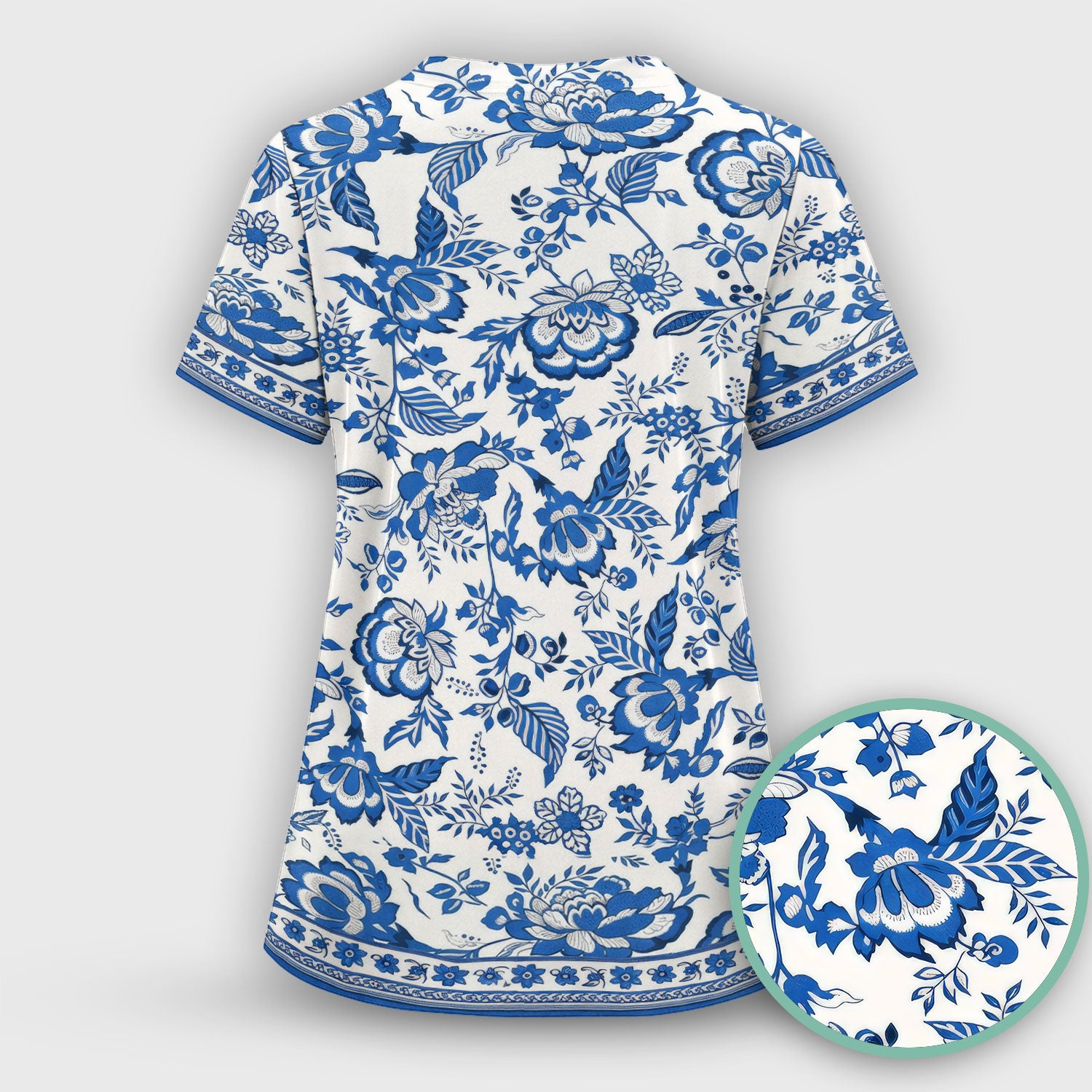 Toile De Jouy Scrub Top For Women, Floral Pattern Nurse Shirt, Comfortable Scrubs For Nursing