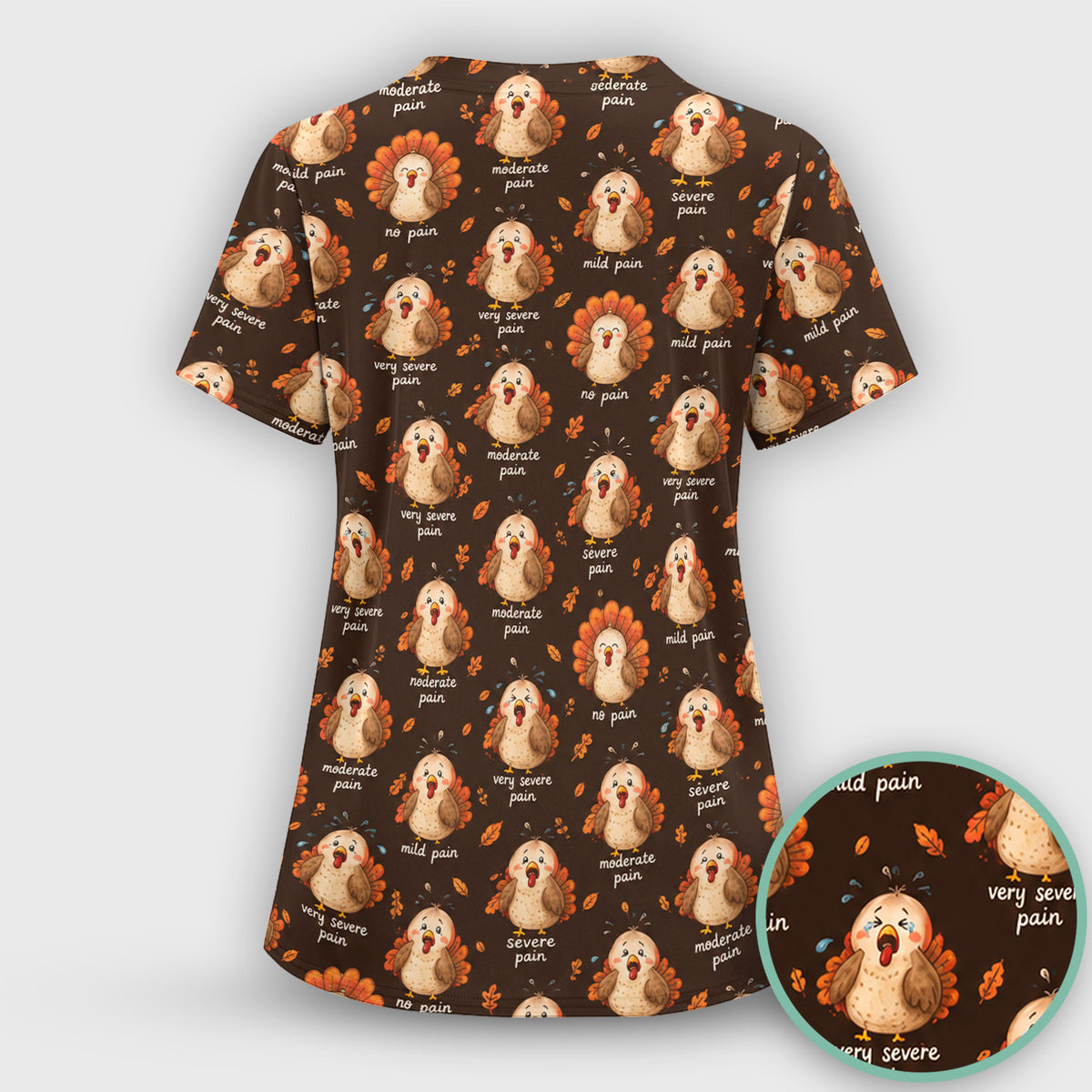 Funny Thanksgiving Turkey Pain Scale Pattern Scrub Set, Scrub Pants and V Neck Top