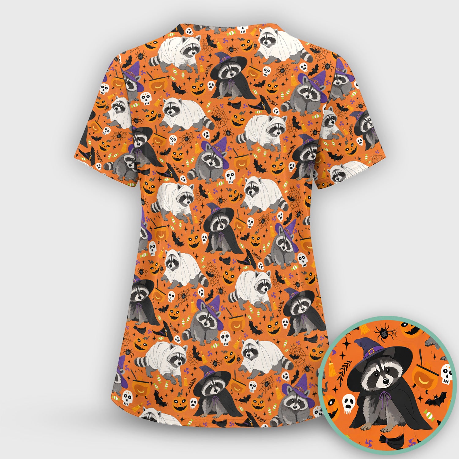 Cute Halloween Raccoon Costumes Print Scrub Top, Comfortable Scrubs for Nurses
