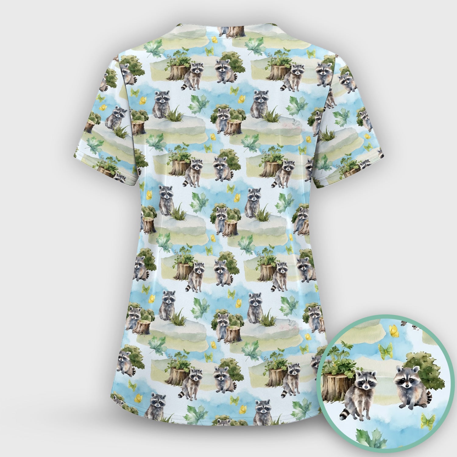 Cute Raccoon Woodland Print Scrub Set, Scrub Pants and V Neck Top