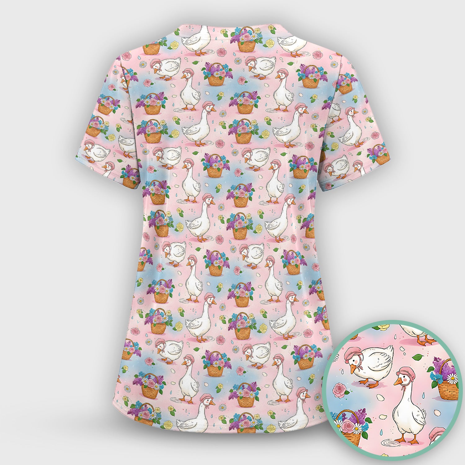 Cute Spring Goose Flower Basket Pattern Scrub Set, Scrub Pants and V Neck Top