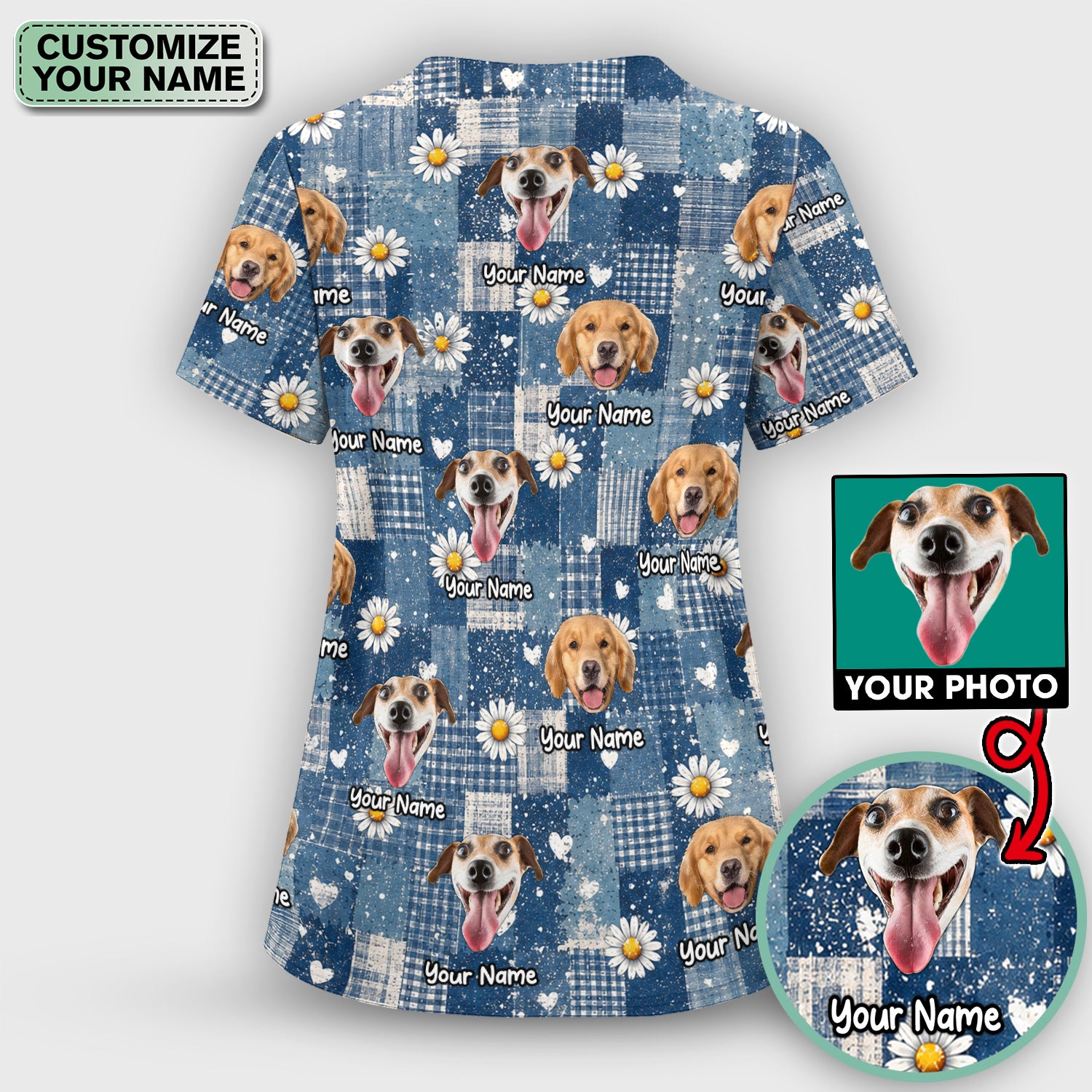 Personalized Cute Dog Portrait On Blue Patchwork Daisy Pattern Scrub Top, Comfortable Scrubs for Nurses