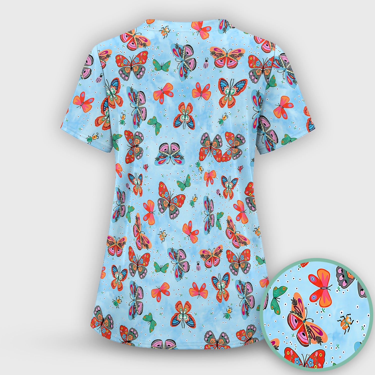 Colorful Butterfly Garden Pattern Scrub Top, Breathable Fabrics Nursing Uniform