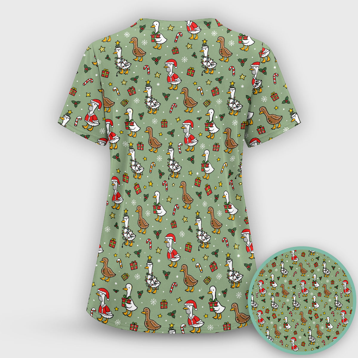 Christmas Geese In Festive Costumes Scrub Set, Scrub Pants and V Neck Top