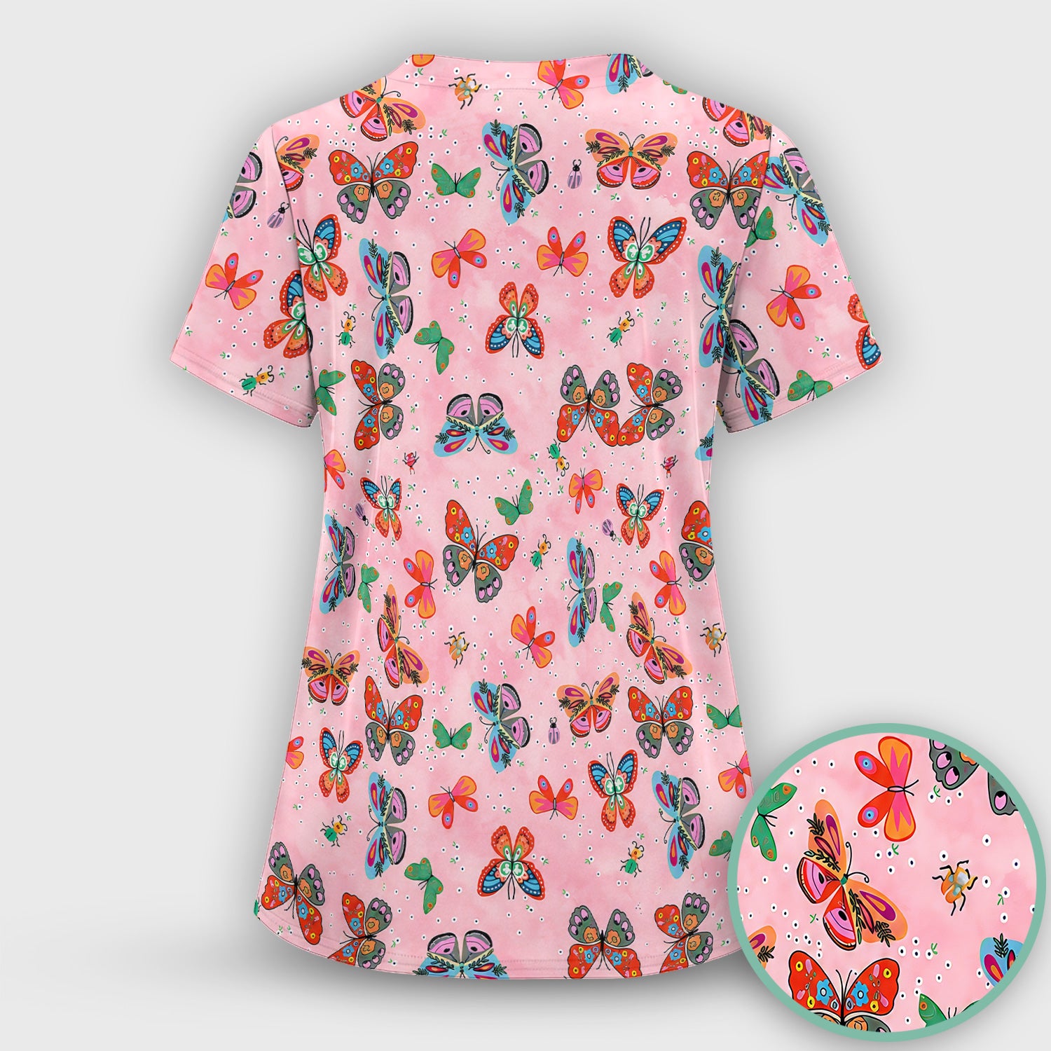 Colorful Butterfly Garden Pattern Scrub Top, Breathable Fabrics Nursing Uniform