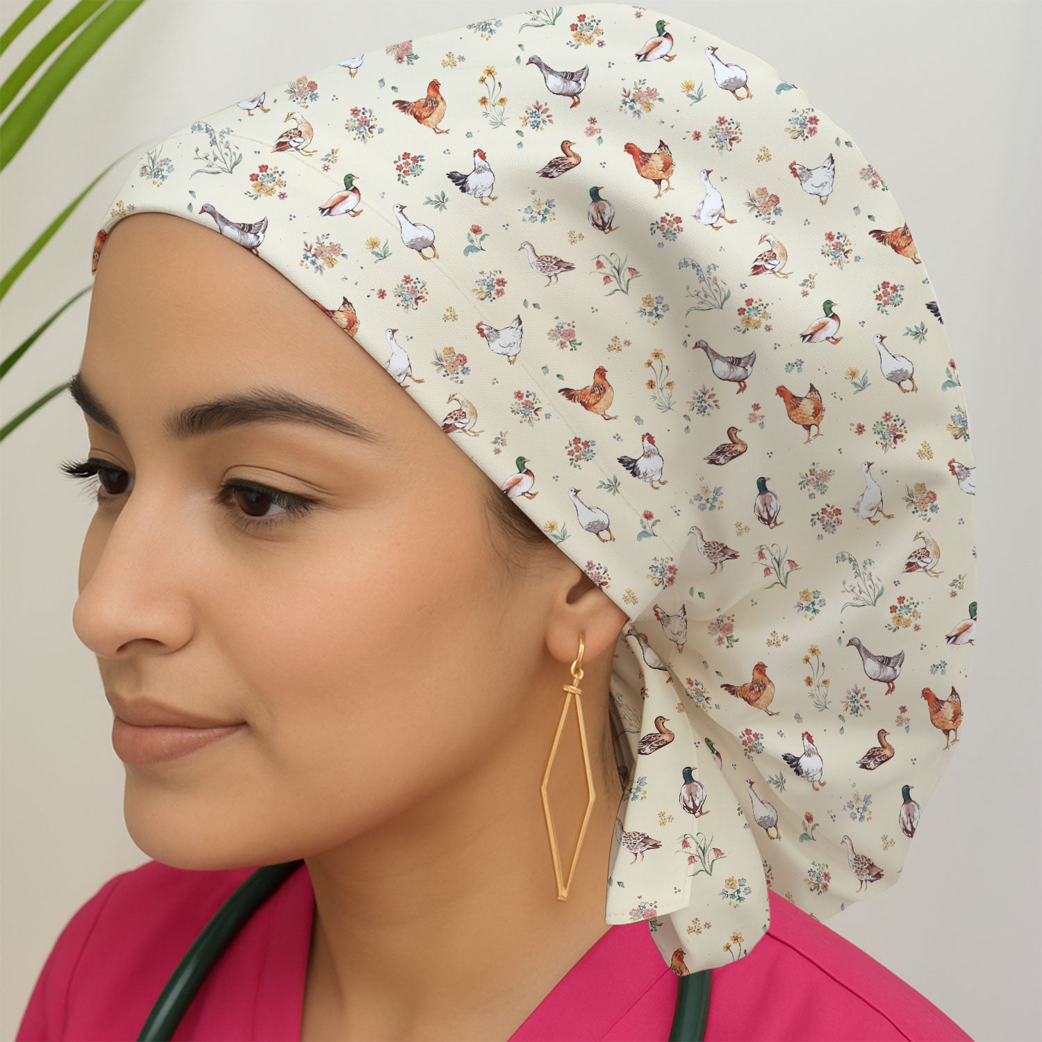 Farm Chicken Duck Floral Pattern Caps, Bouffant Scrub Caps for Women