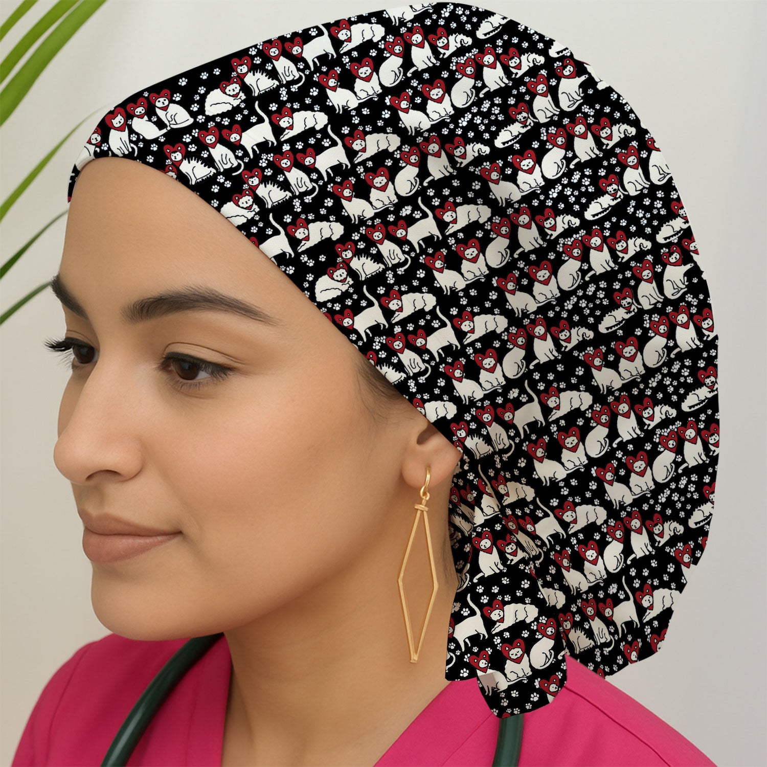 Cute Cat Heart Pattern Scrub Cap, Funny Cat Scrub Hat For Nurses, Breathable Fabrics Nursing Uniform