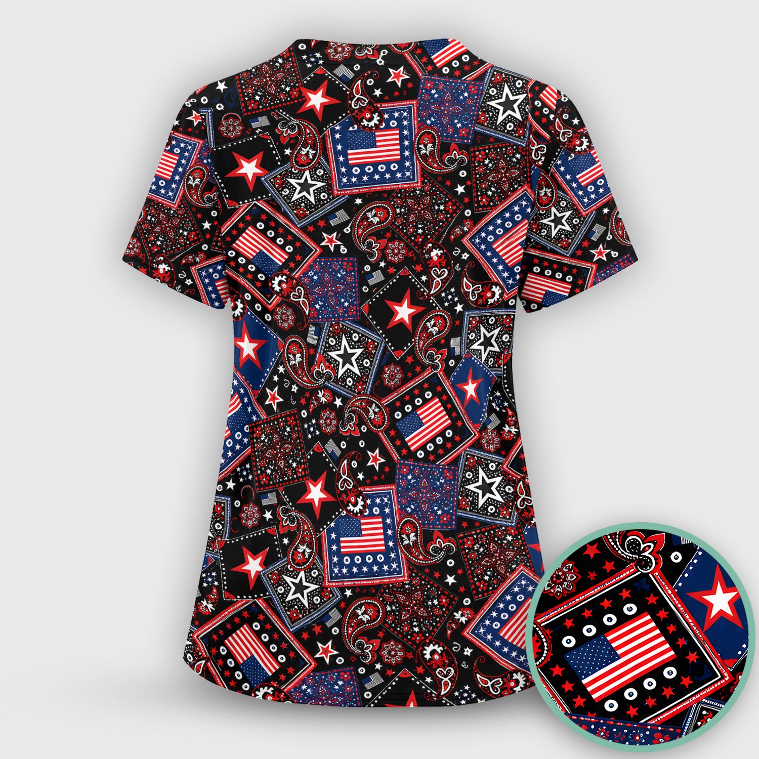 Patriotic Bandana With USA Flag Pattern Scrub Set, Scrub Pants and V Neck Top