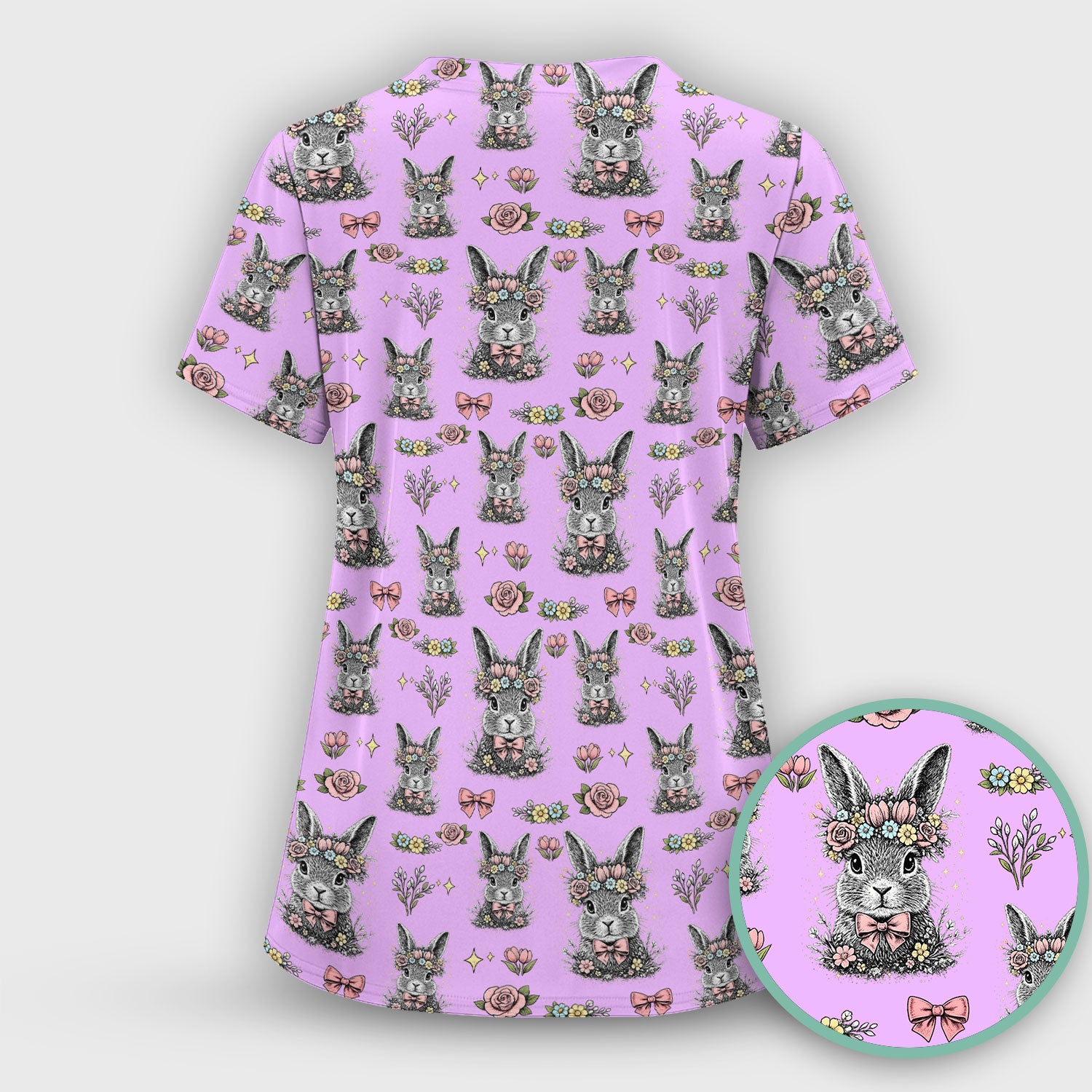 Vintage Floral Bunny Print Scrub Set, Scrub Pants and V Neck Top