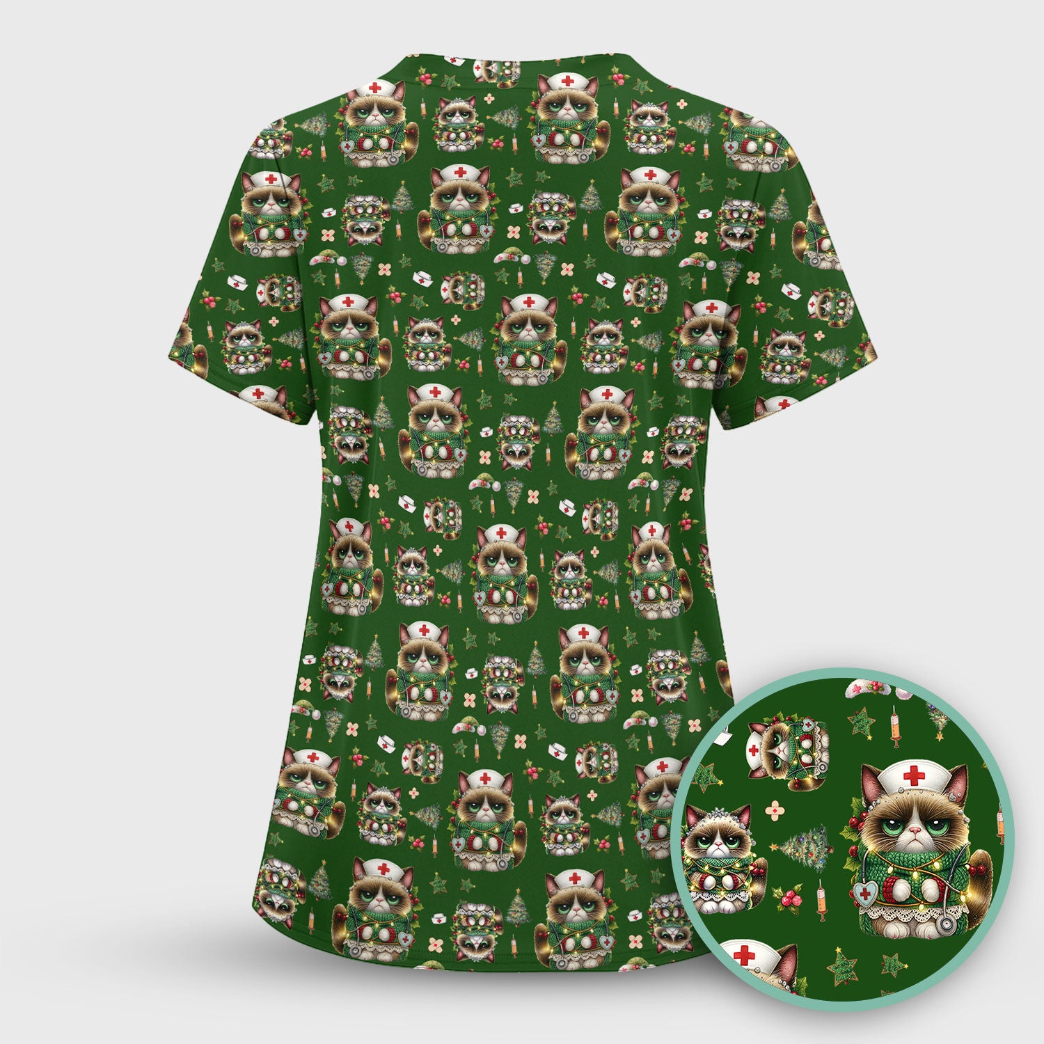 Christmas Nurse Scrub Top - Funny Cat Nursing Shirt - Cute Holiday Medical Uniform for Women RN LPN CNA