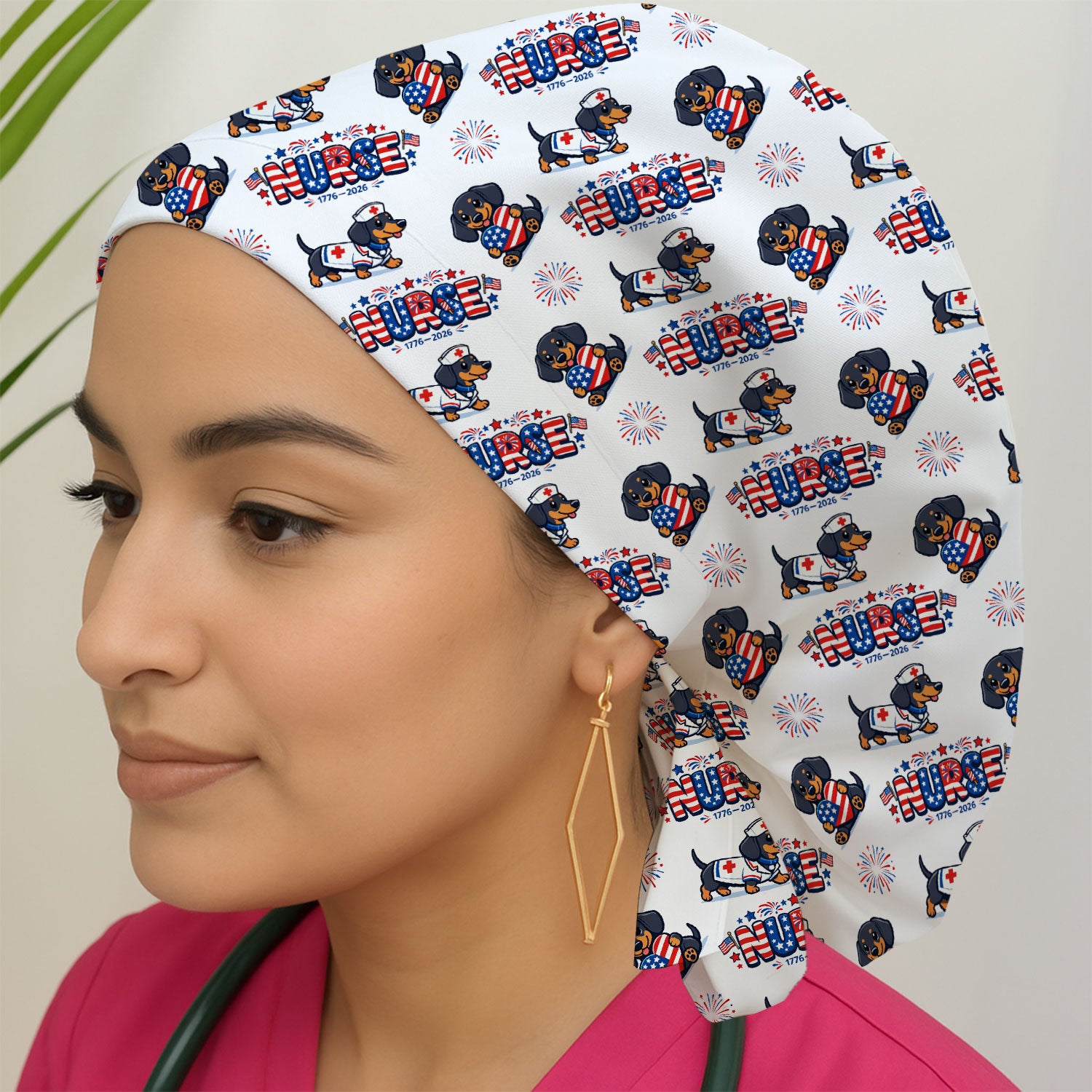 Proud Nurse Patriotic Dachshund Medical Firework Pattern Cap, Bouffant Scrub Caps for Women