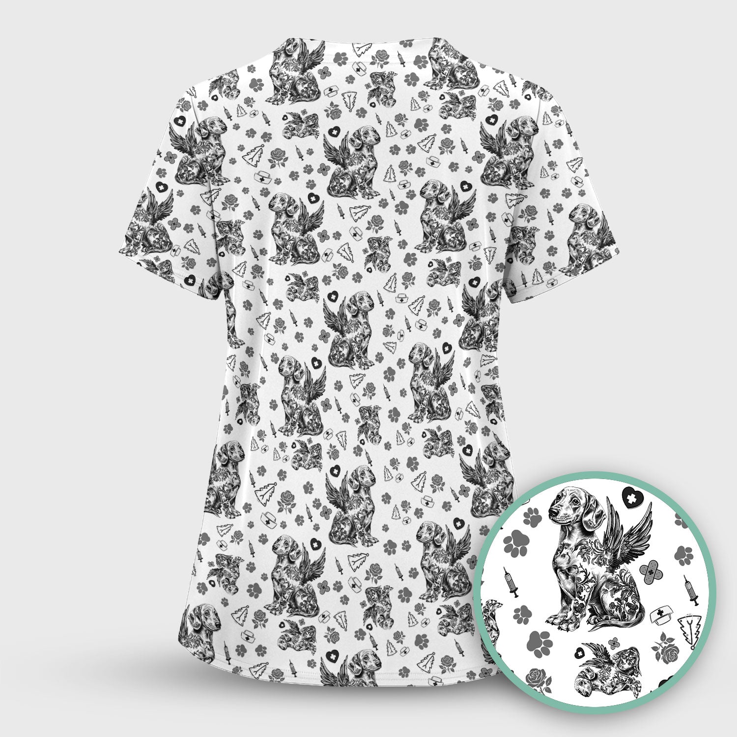 Toile de Jouy Dachshund Angel Scrub Top - Blue Vintage Dog Nurse Shirt - Memorial Christmas Gift
