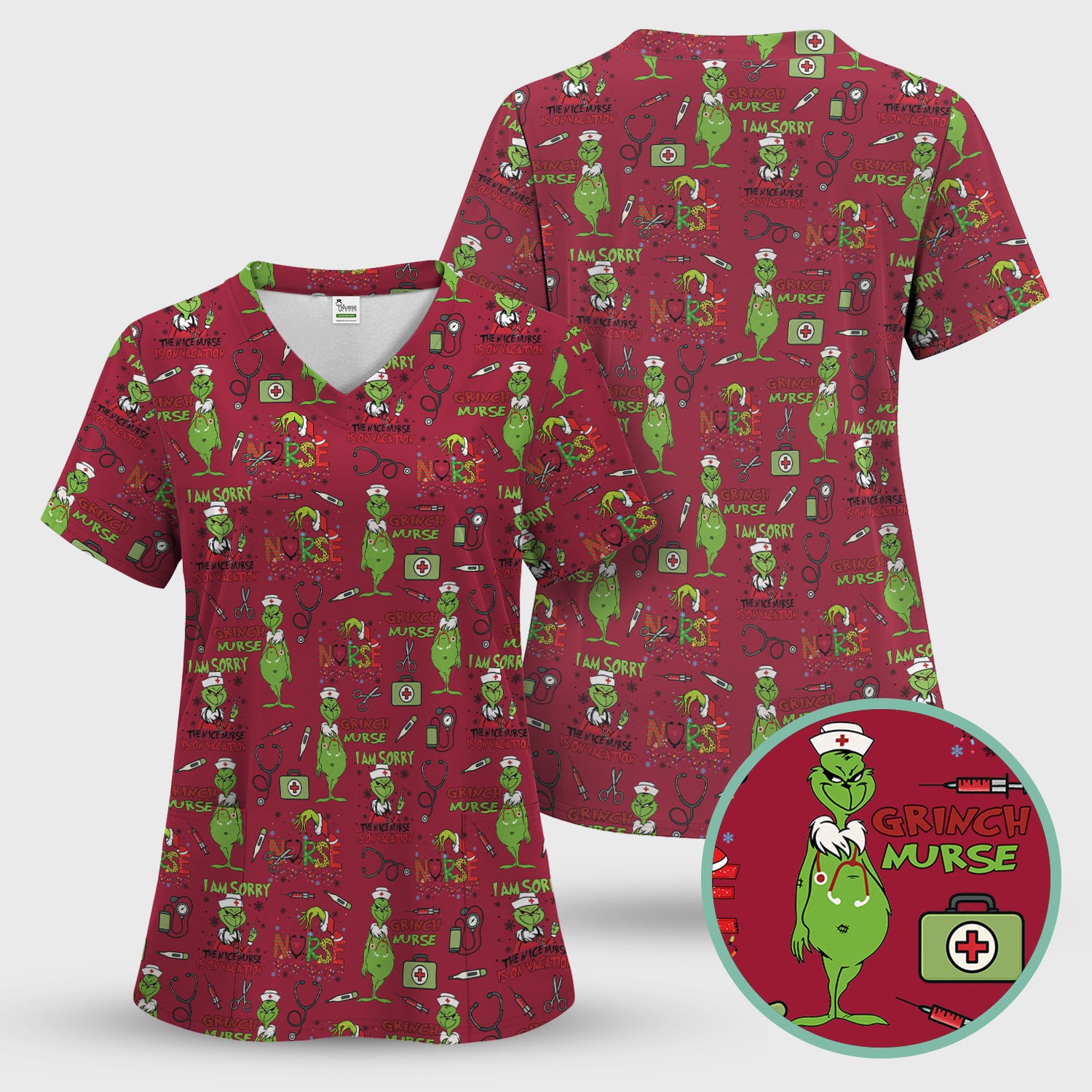 Grinch Nurse Scrub Top - Christmas Medical Uniform - Holiday Healthcare RN LPN CNA Gift