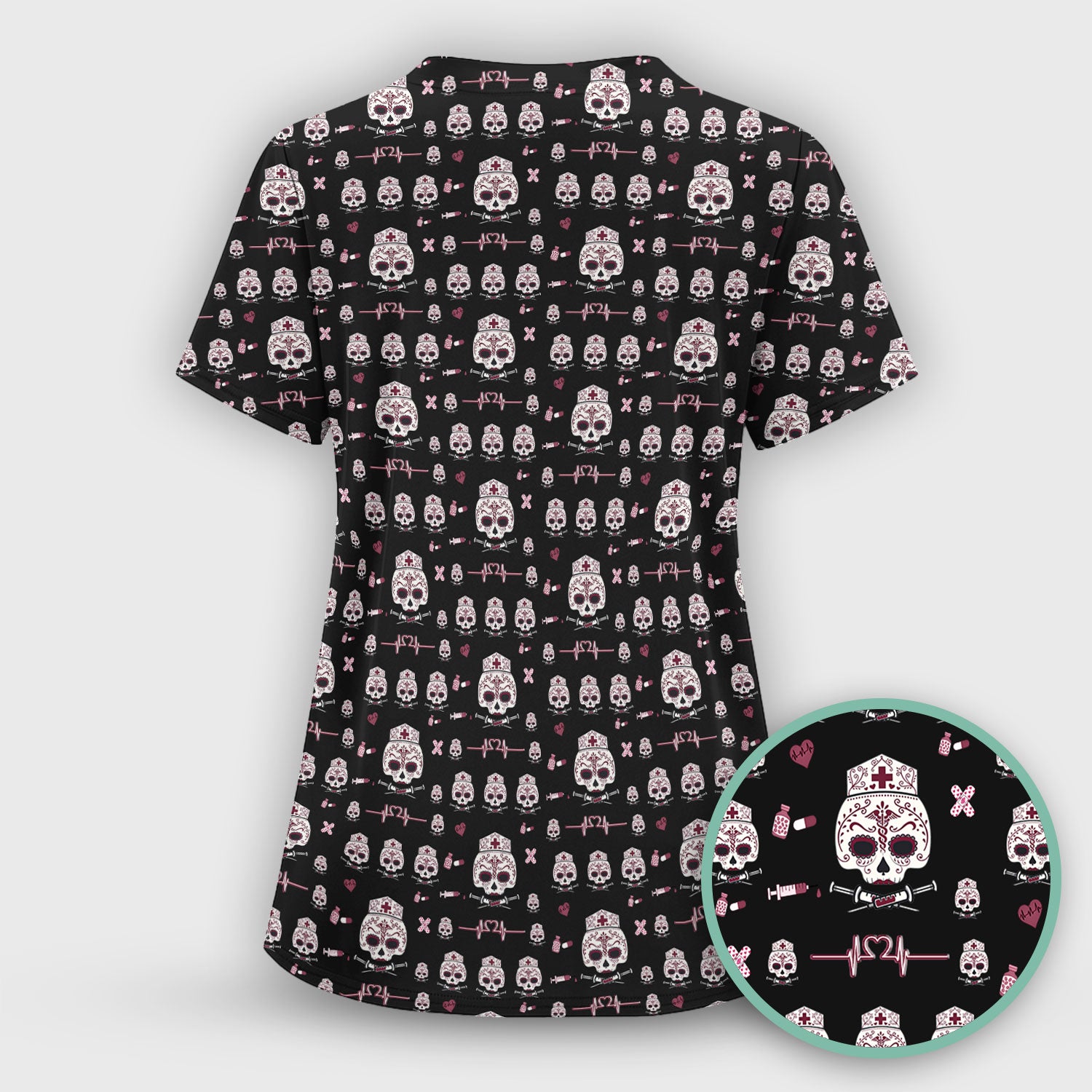Sugar Skull Scrub Top, Skull Pattern Scrub Shirt, Breathable Fabrics Nursing Uniform