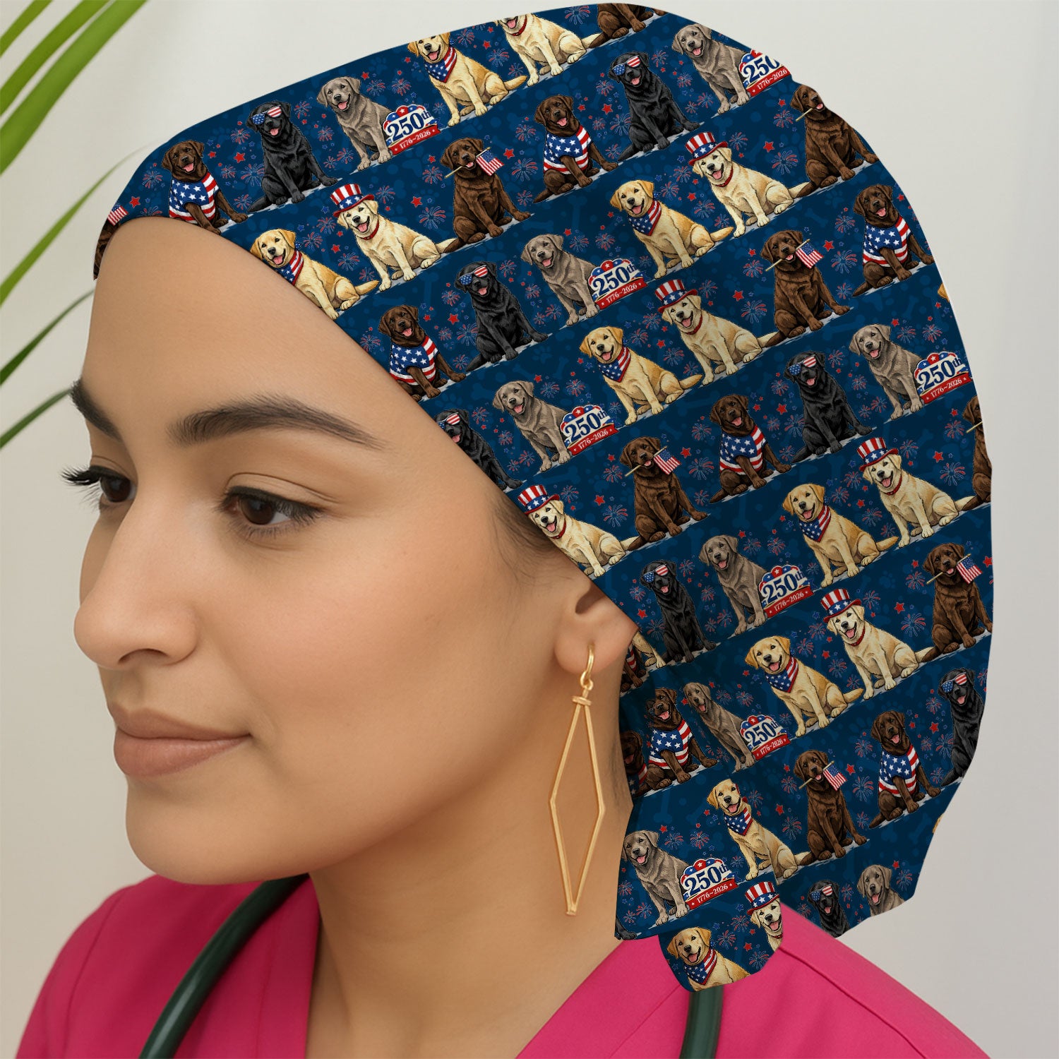 4th of July Labrador Dog Patriotic Print Cap, Bouffant Scrub Caps for Women