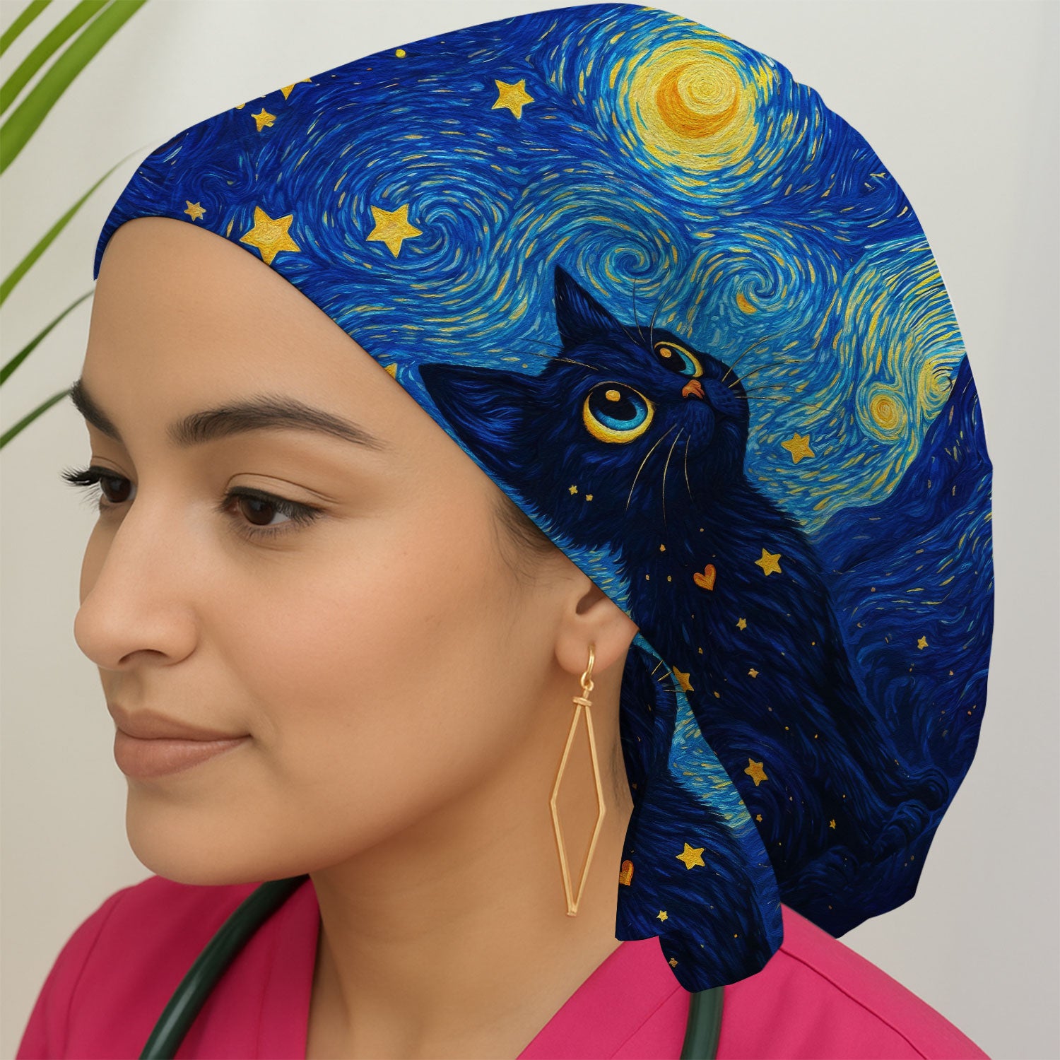 Black Cat Starry Night Pattern Print Surgical Cap, Breathable Fabrics Caps Uniform