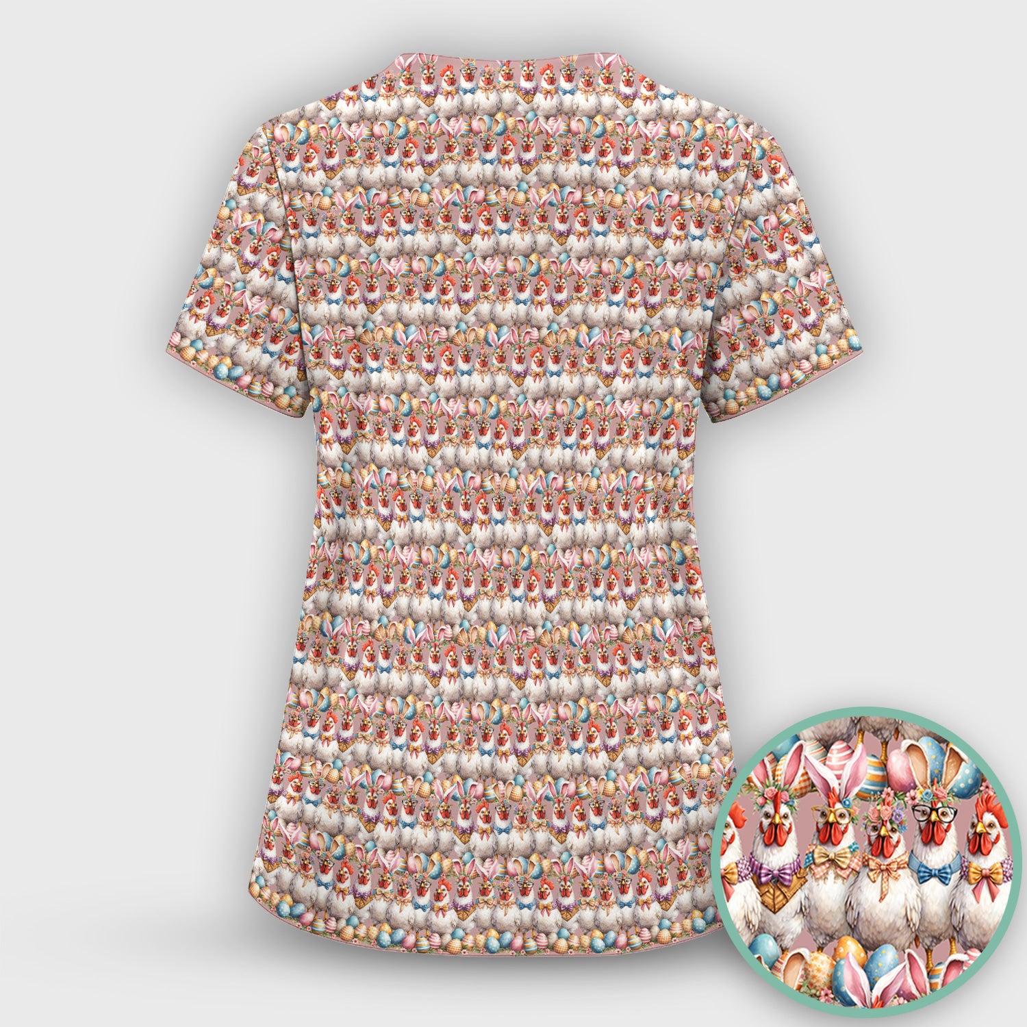 Easter Bunny Chicken Pattern Scrub Top, Comfortable Scrubs for Nurses