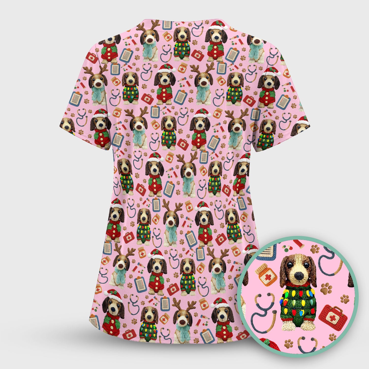 Christmas Doxie Scrubs for Women - Cute Dachshund Christmas Scrub Top for Nurses - Funny Medical Uniform Gift
