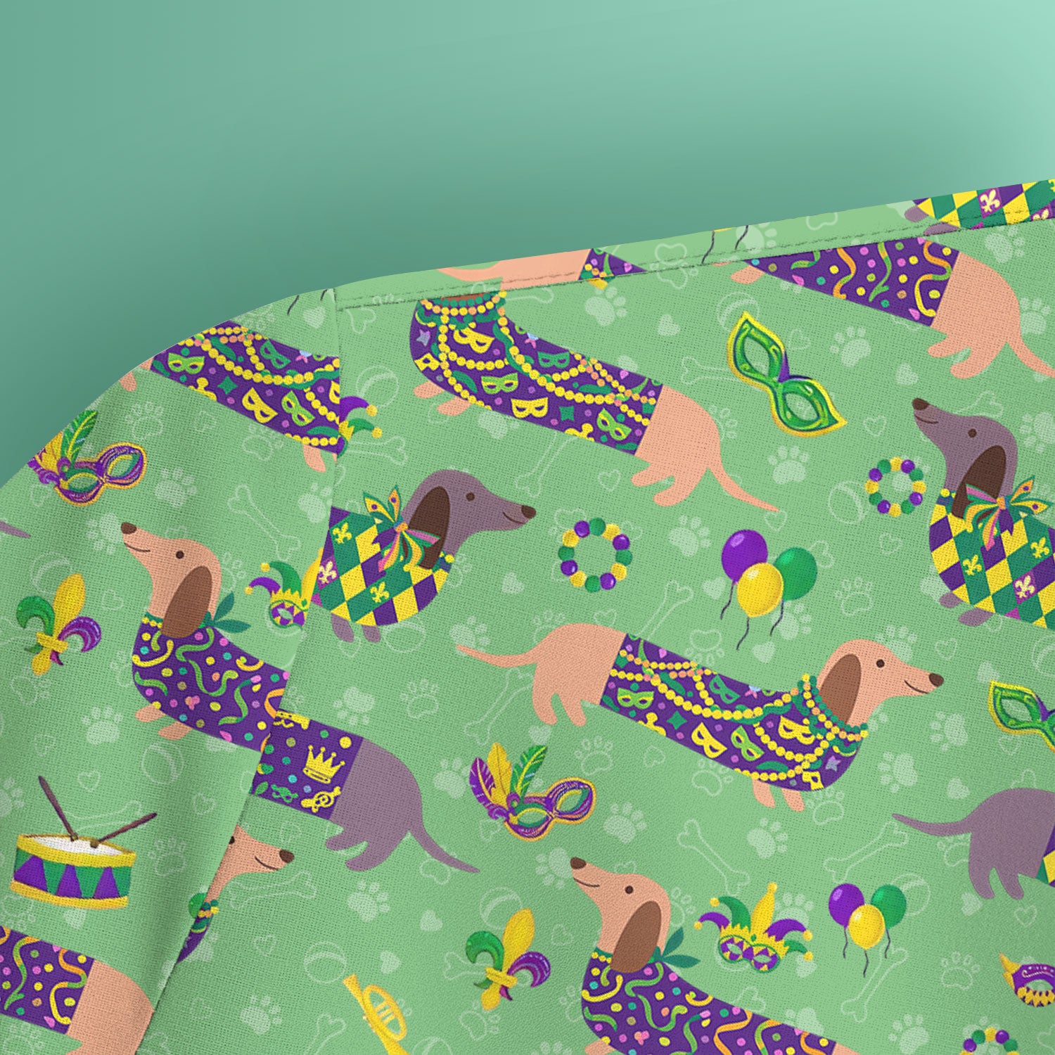 Mardi Gras Dachshund Nurse Scrub Top, Wiener Dog Holiday Pattern Nurses Shirt, Comfortable Uniform Scrubs For Nursing