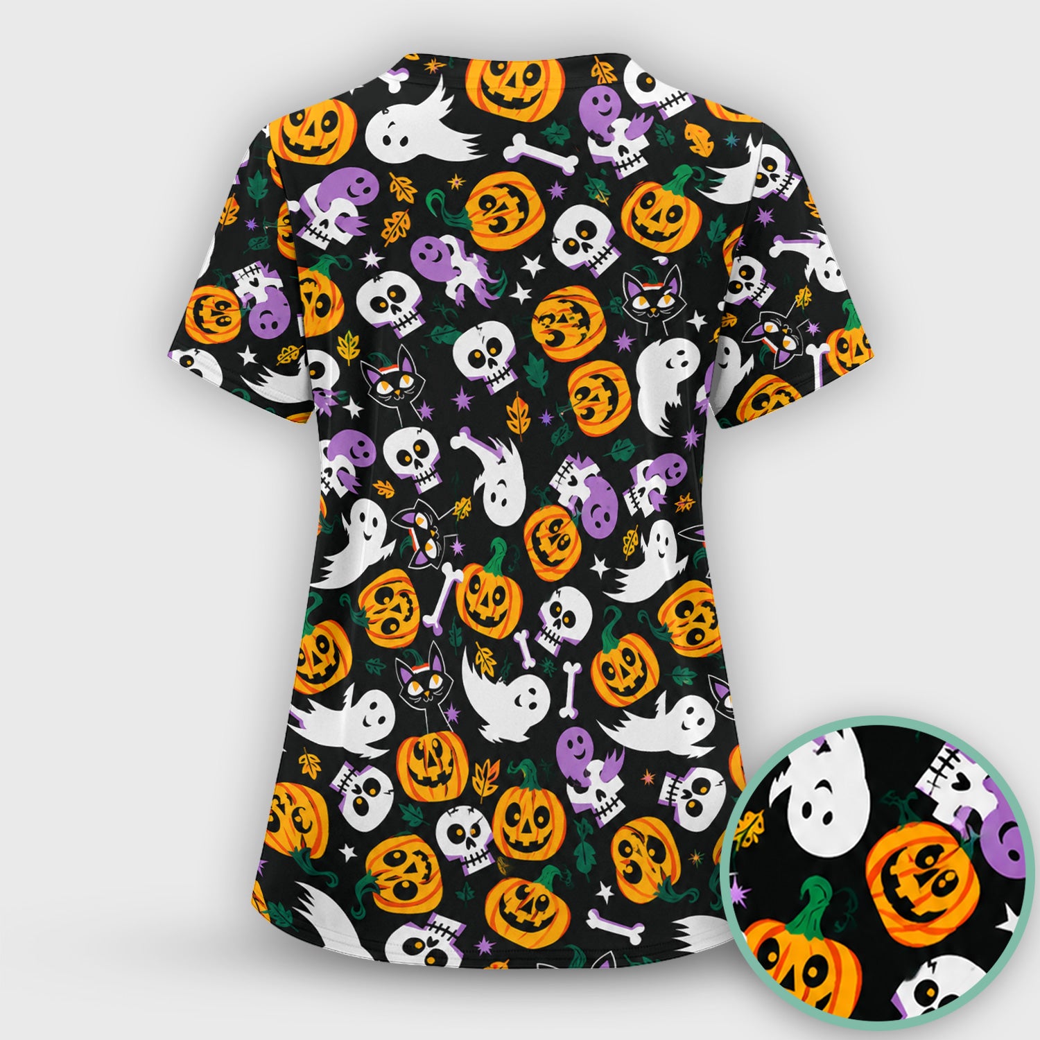 Spooky Pumpkin Ghost Print Scrub Top, Comfortable Scrubs for Nurses