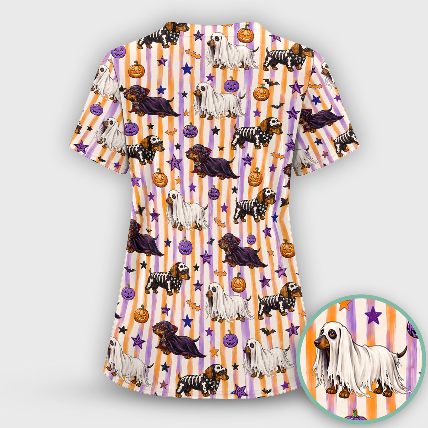 Halloween Dachshund Stripe Pattern Scrub Top, Comfortable Scrubs for Nurses