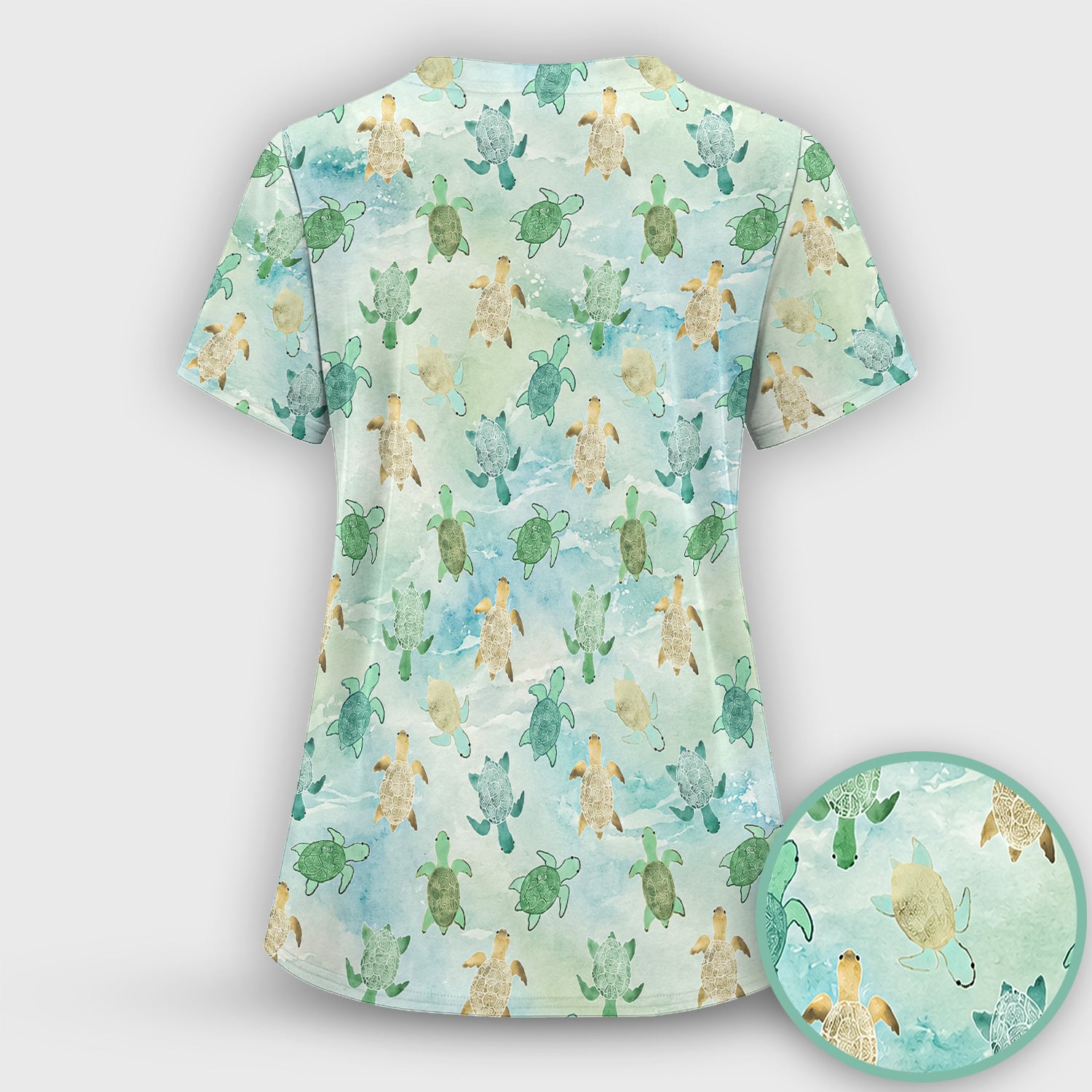 Watercolor Sea Turtle Pattern Scrub Top, Comfortable Scrubs for Nurses