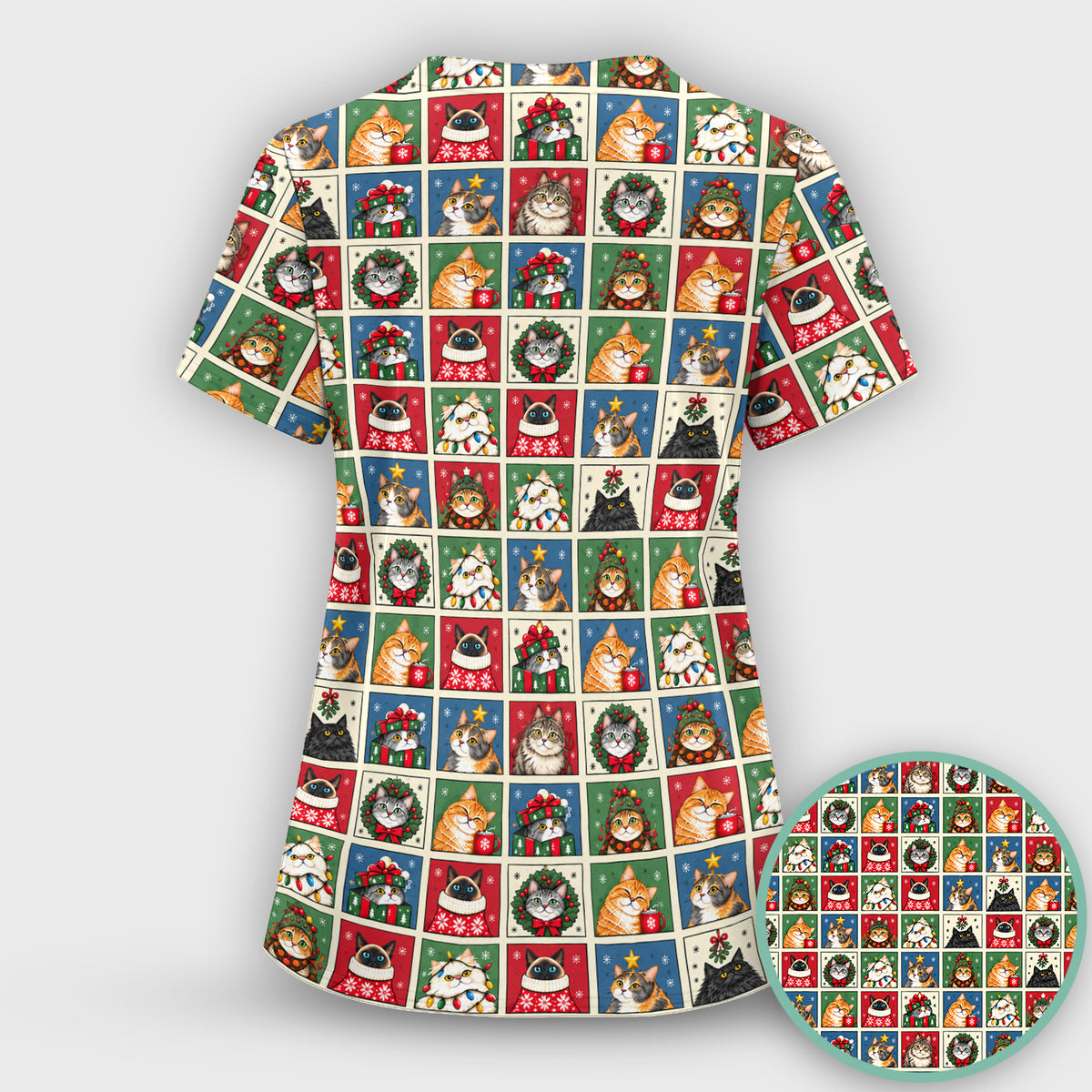 Cute Christmas Cat Patchwork Scrub Top, Comfortable Scrubs for Nurses