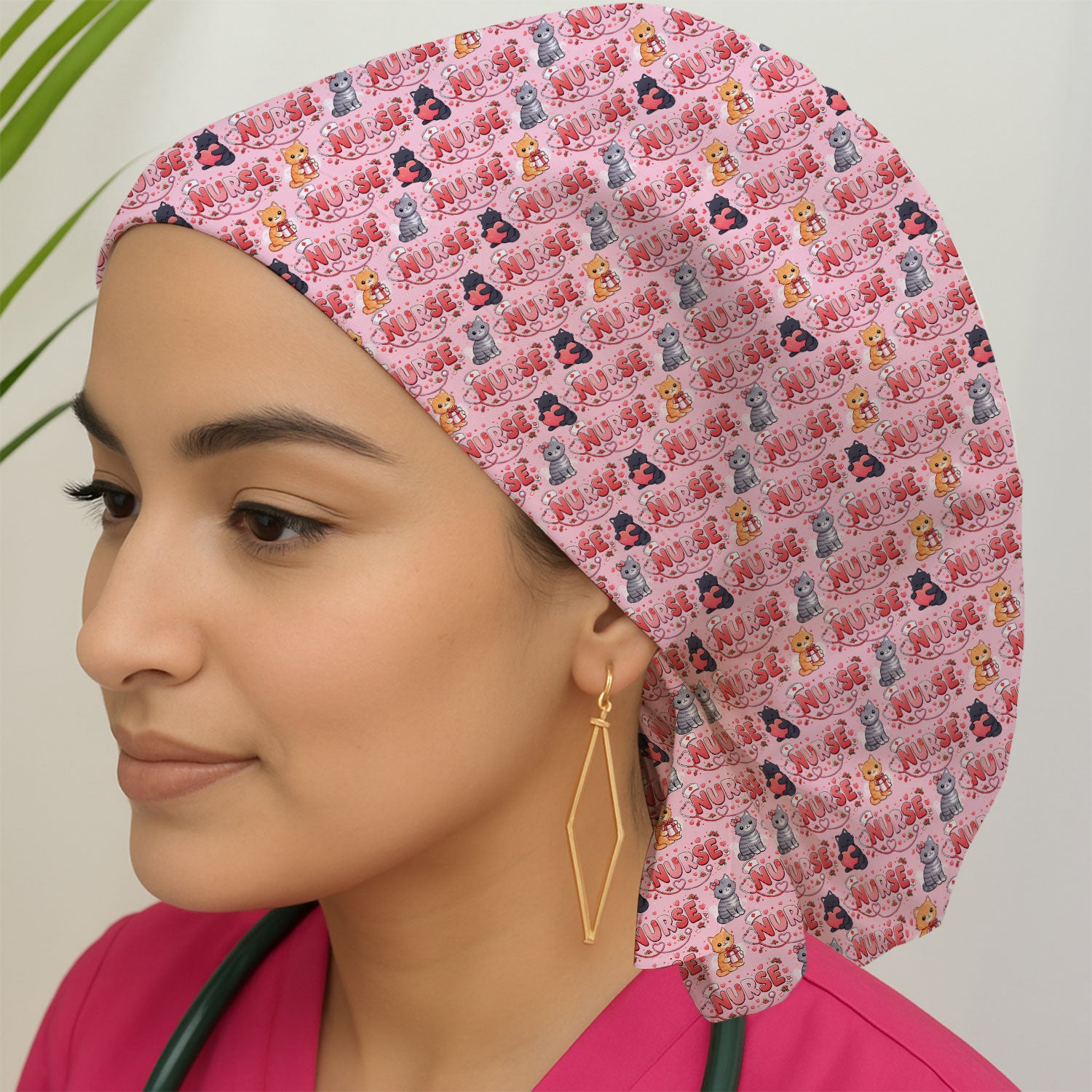 Nurse Cat Heart Pattern Valentine Scrub Cap, Bouffant Scrub Caps for Women