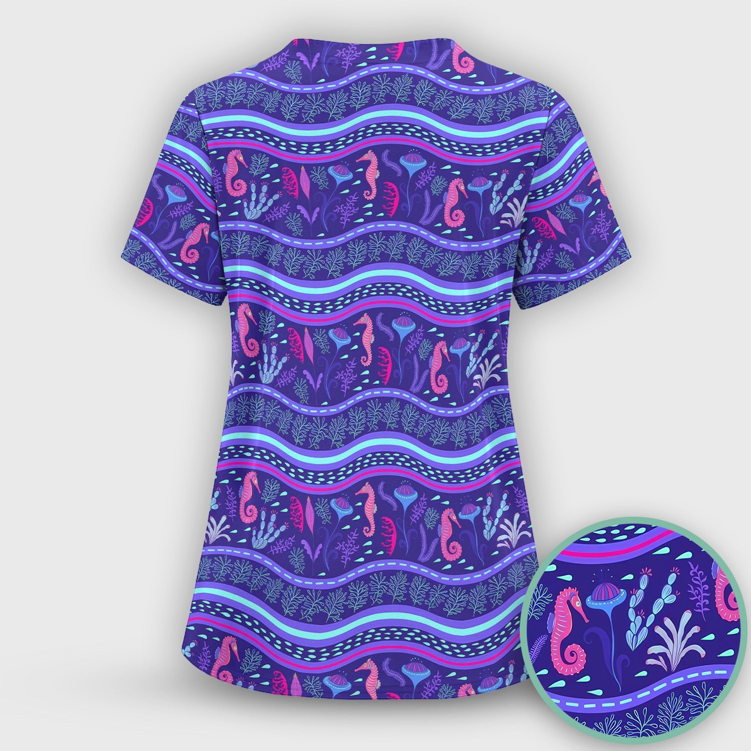 Purple Seahorse Ocean Pattern Scrub Top, Comfortable Scrubs for Nurses