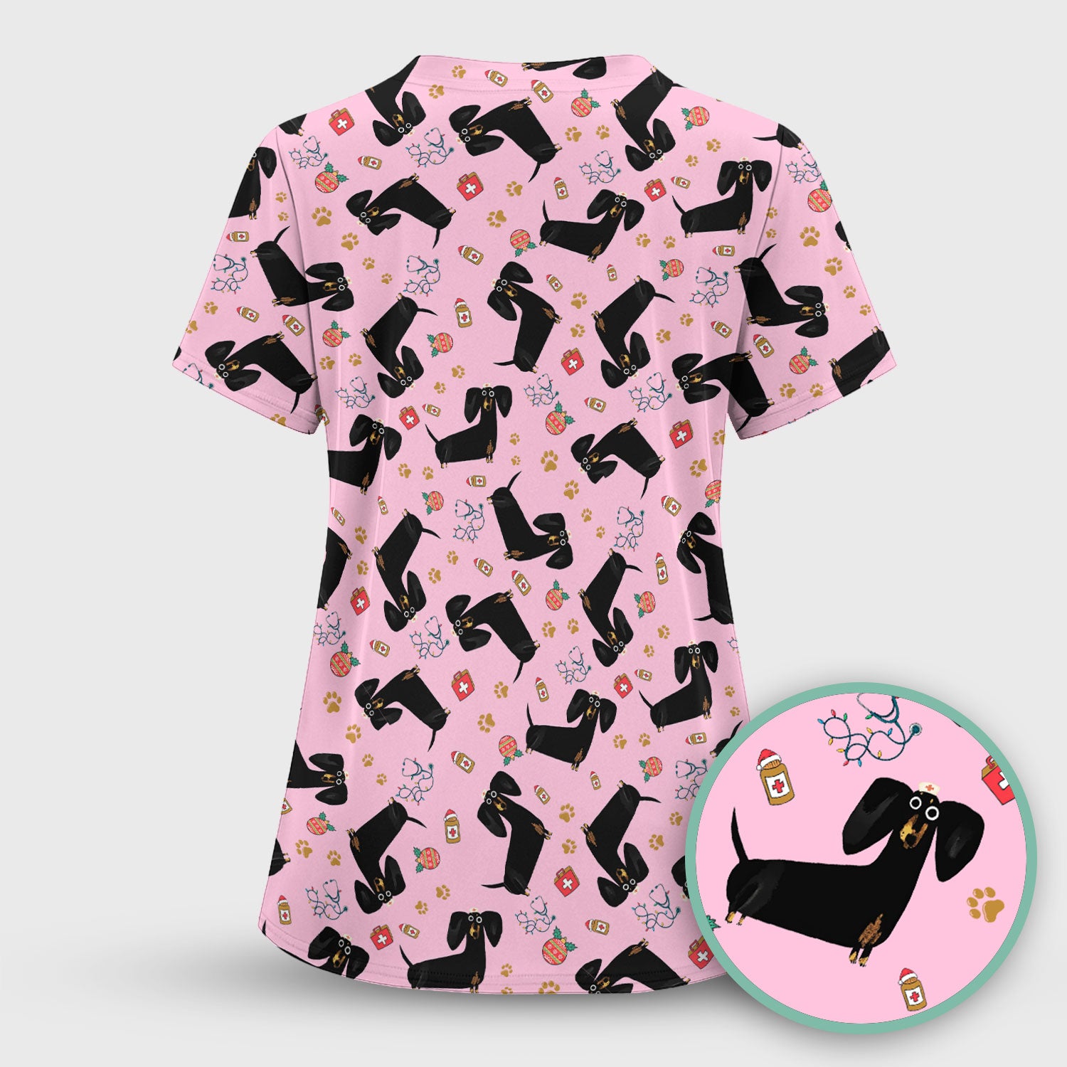 Funny Black Dachshund Scrub Top for Nurses - Cute Wiener Dog Medical Shirt - Puppy Lover Nursing Gift for Women