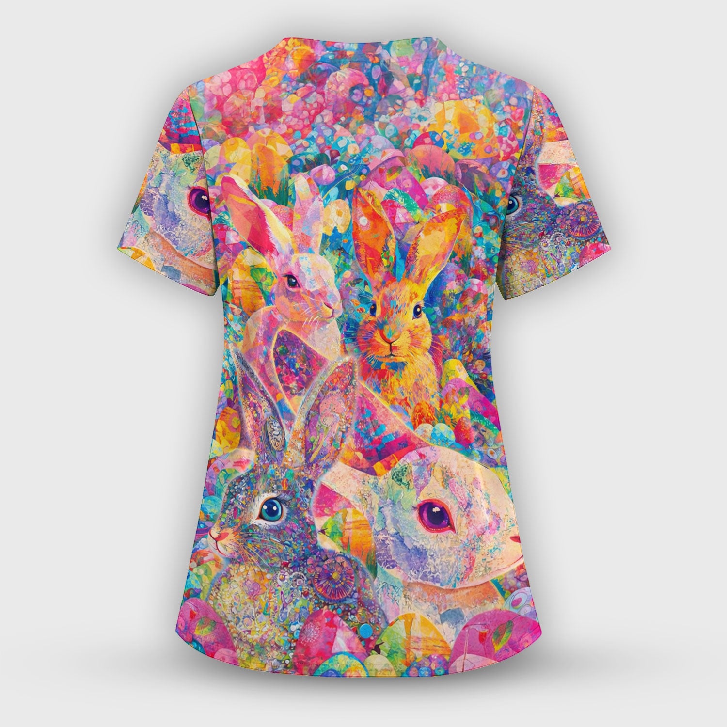 Colorful Artistic Bunny Print Scrub Top, Breathable Fabrics Nursing Uniform, Easter