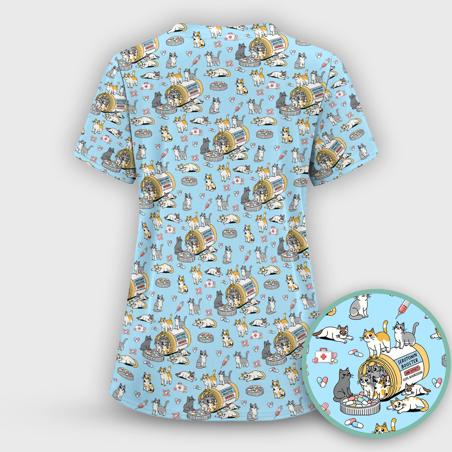 Cute Cat Serotonin Booster Pattern Scrub Top, Comfortable Scrubs for Nurses