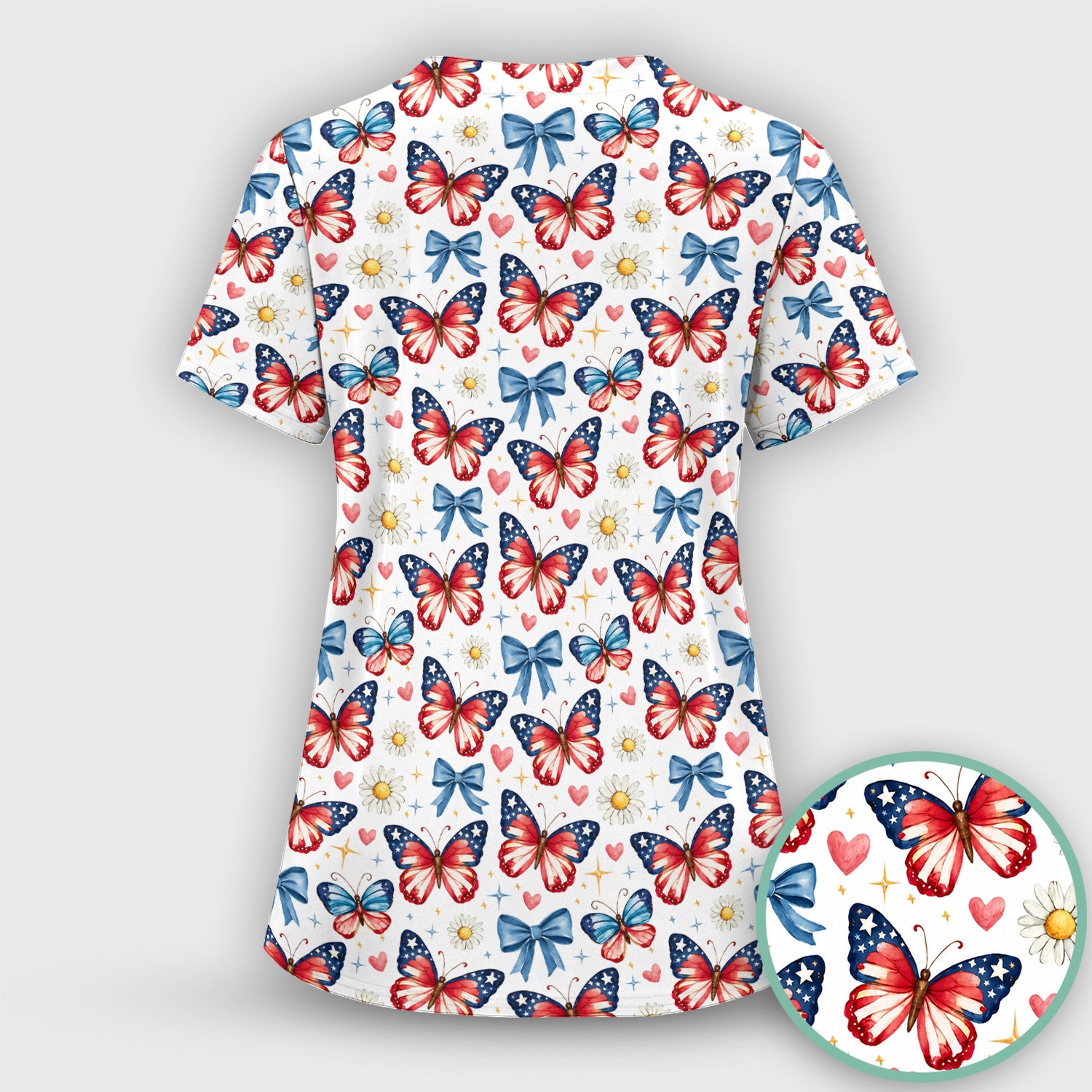 Patriotic Butterfly Bow Daisy Pattern Scrub Top, Comfortable Scrubs for Nurses