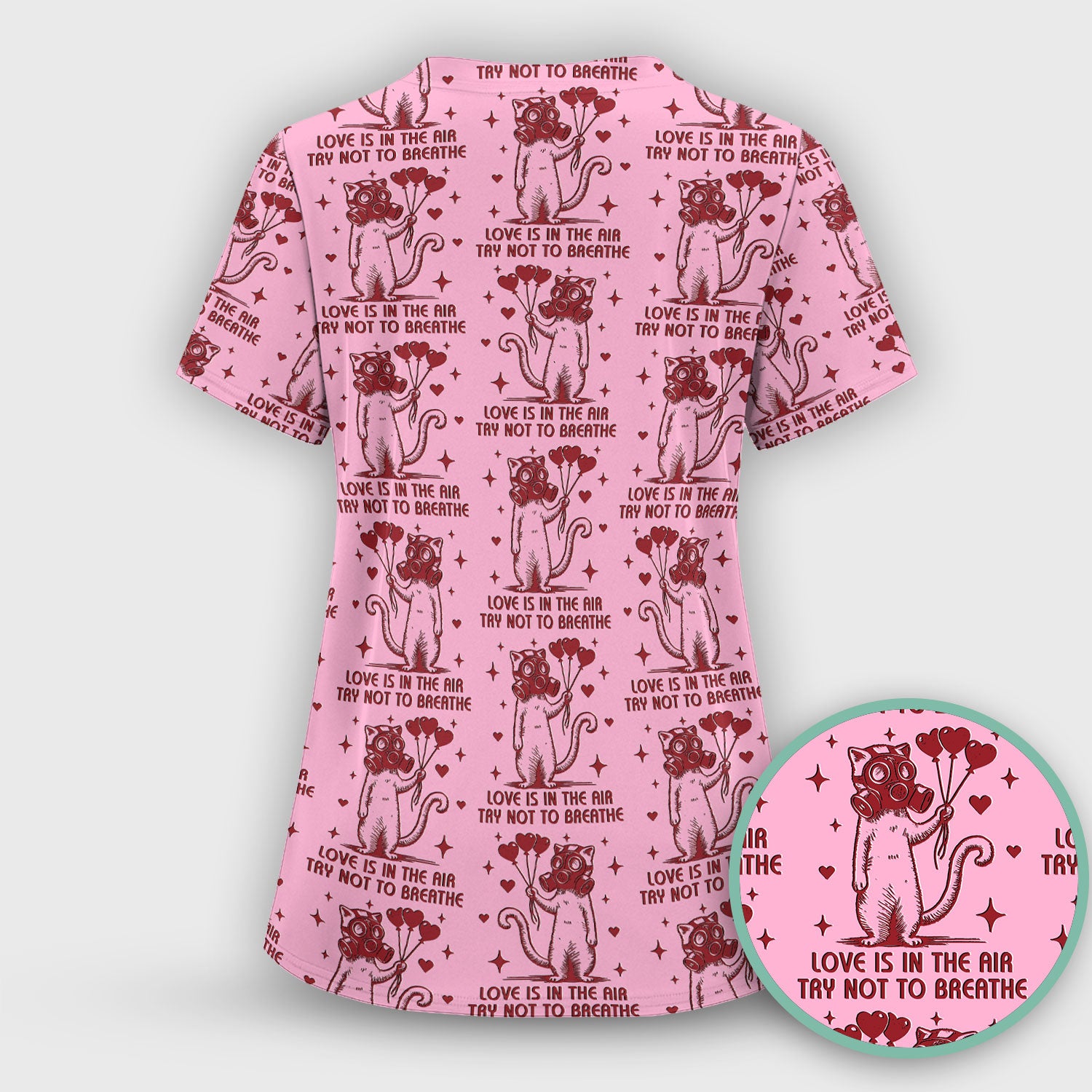 Gas Mask Cat Heart Balloon Valentine Print Scrub Set, Breathable Med Uniform