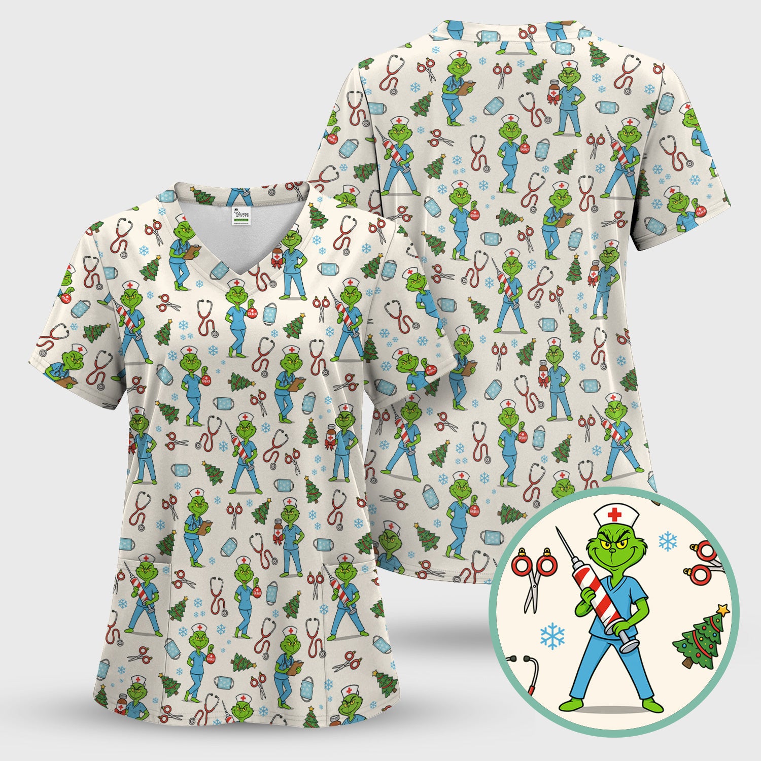 Christmas Grinch Nurse Scrub Top - Funny Holiday Medical Uniform for Women - RN LPN CNA Gift