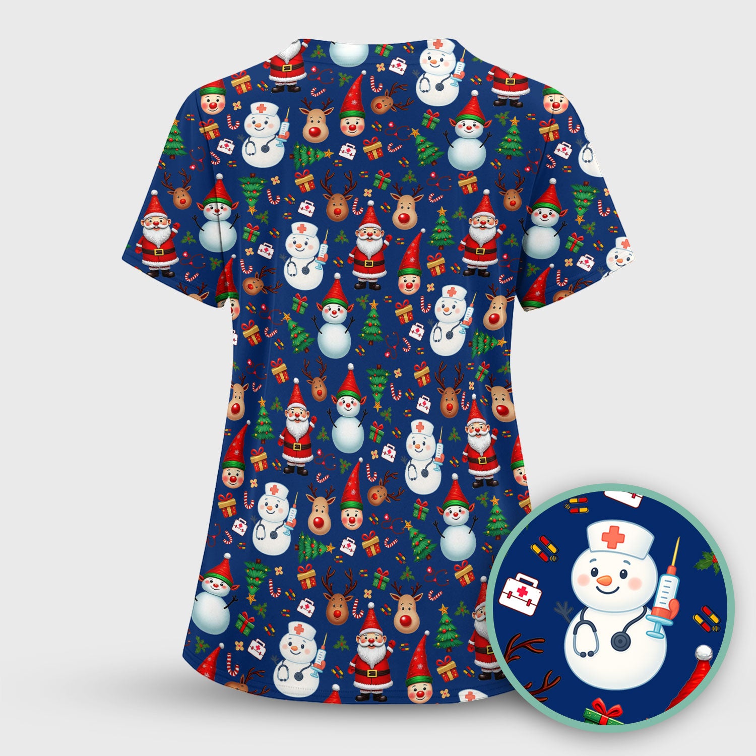 Christmas Scrub Top for Nurses - Cute Snowman Reindeer Santa Pattern - Holiday Medical Uniform RN CNA LPN Gift