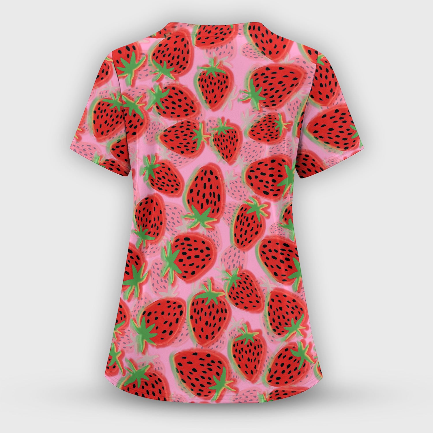 Pink Strawberry Pattern Scrub Set, Scrub Pants and V Neck Top